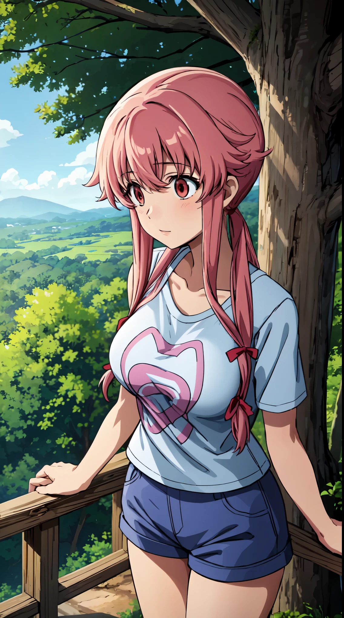 This scene captures Yuno Gasai hiking through the woods on a clear summer day, showcasing her adventurous spirit and love for nature. Dressed in hiking boots, shorts, and a t-shirt, she navigates a winding dirt path bordered by majestic pine trees. The peaceful and scenic setting suggests a moment of solitude and tranquility for Yuno as she immerses herself in the beauty of the natural world. (large breasts:1.1), red eyes, happy,