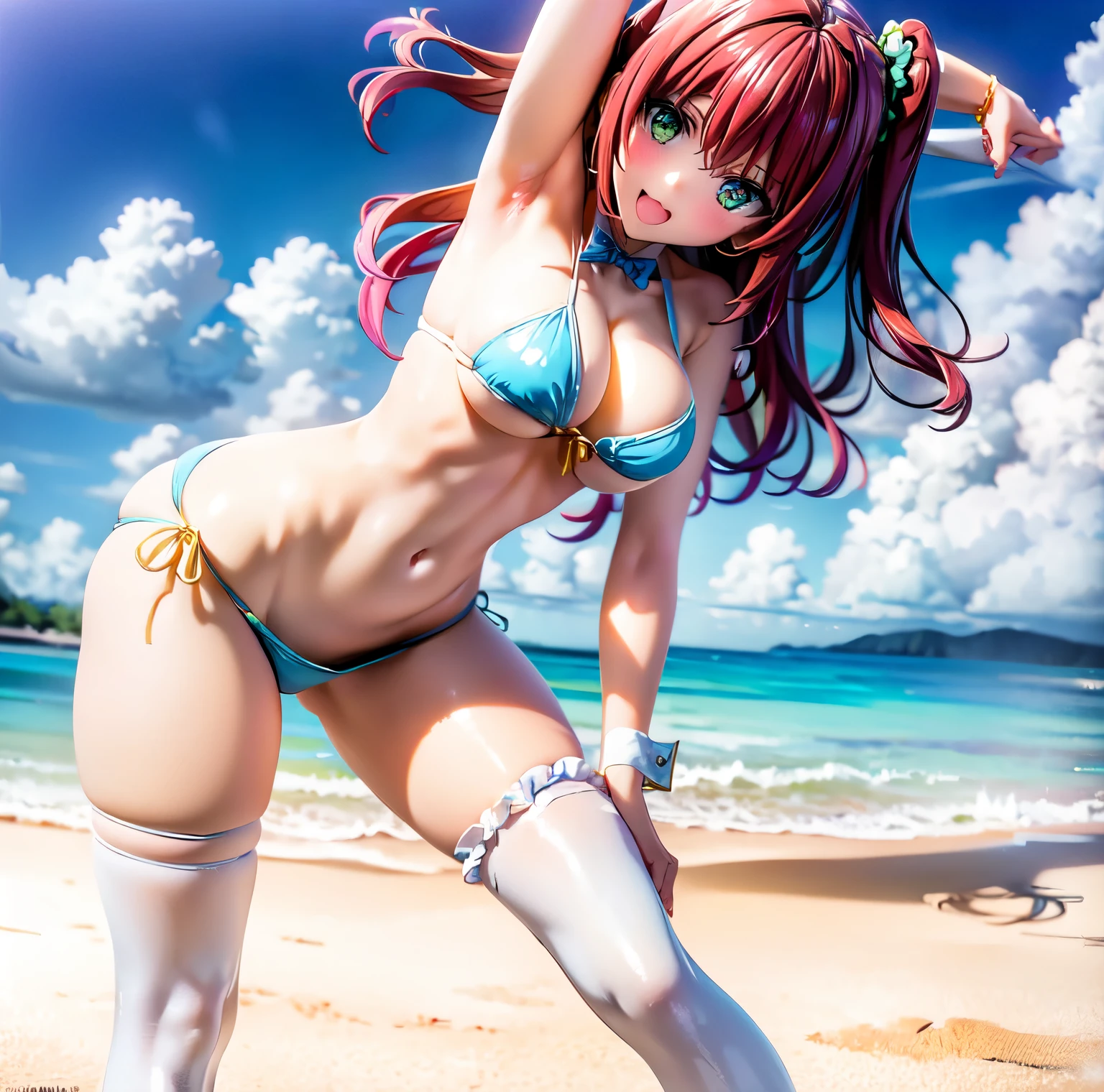 best quality, masterpiece, extremely detailed CG, official art , professional lighting, detailed background, sakimiyairuka, red hair, green eyes, one side up, medium hair, green scrunchie, hair ornament, gleaming skin, big breasts, groin, playboy bunny,(black pantyhose, bowtie, wrist cuffs)