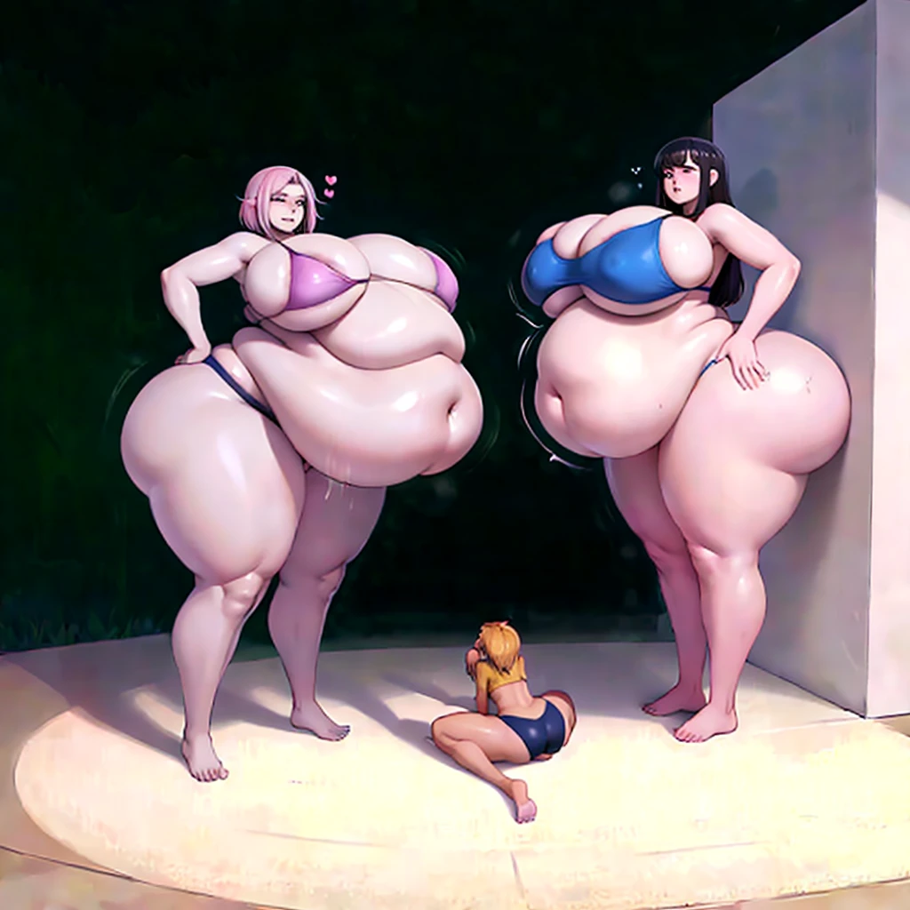 A young woman in a bikini, massive bloated overstuffed heavy protruding bulging obese round belly, hyper massive obese tall wide round heart shaped bubble butt, wide fat hips, massive fat round breasts, deep long cleavage, so full it hurts, gurgling belly, sloshing belly, distended belly, churning belly, it hurts being so full but it feel so good, squishy belly, bellies squished together, squished together, shes upset her friend isnt as fat as her, shes making her obese, wide stance, struggling to stand, deep navel, juicy fat ass, massive food baby, trying to hold up obese belly,