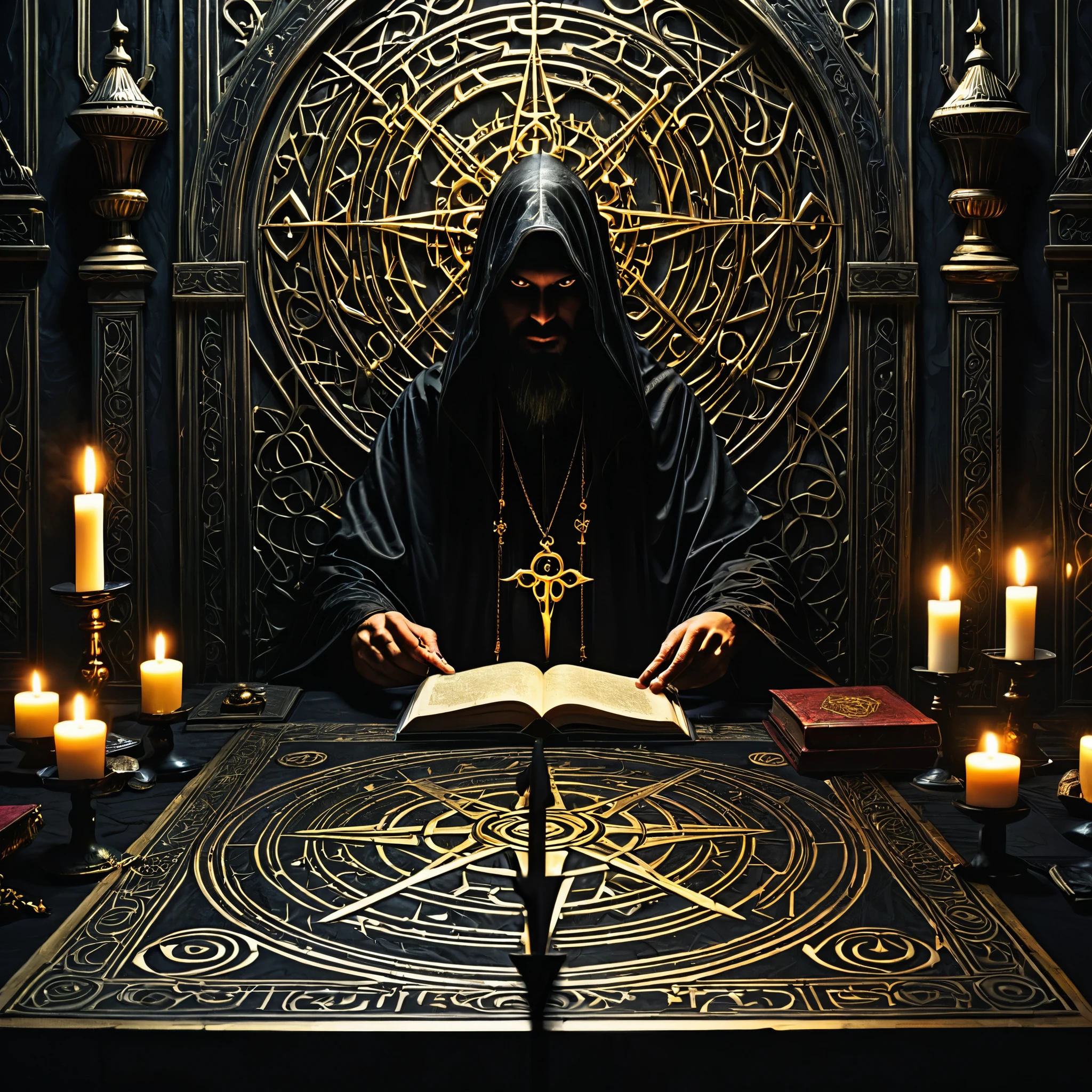 (best quality,4k,8k,highres,masterpiece:1.2),ultra-detailed,(realistic,photorealistic,photo-realistic:1.37),dark,ominous,key of hell,black magic symbols,numbers in tables,line drawing,black background,white drawing,occultist,esoteric,gothic,occult art,dark fantasy,aged paper texture,gold foil accents,mysterious,ritualistic,macabre,vintage,antique,haunting,spiritual,hellish ambiance,ominous atmosphere,demonic presence,high contrast lighting,deep shadows,eerie glow,malevolent energy,complex geometric patterns,twisted and intricate lines,meticulous detail,hidden messages,secrets unveiled,mystical symbols,powerful incantations,dimensions converging,devilish whispers,forbidden knowledge,esoteric wisdom,sinister elegance,foreboding atmosphere,enchanted keys,otherworldly portal,eternal darkness,unleashing the abyss.