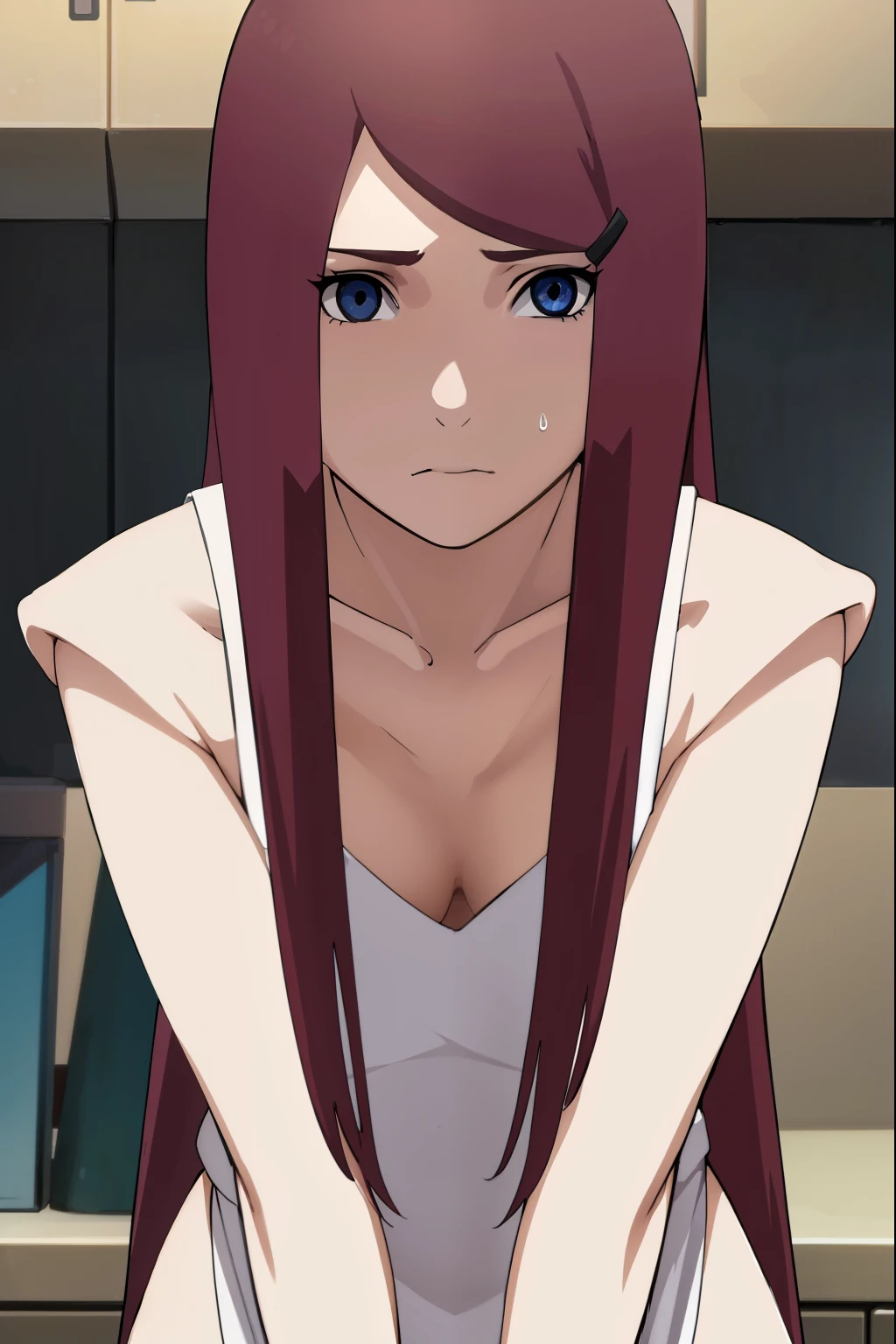 kushina, kushina, long hair, hair ornament, red hair, hairclip, (grey eyes:1.5),
BREAK shirt, dress, jewelry, white shirt, short sleeves, apron, bracelet, green apron, collar,
BREAK looking at viewer, upper body, full body, cowboy shot,
BREAK indoors,
BREAK (masterpiece:1.2), best quality, high resolution, unity 8k wallpaper, (illustration:0.8), (beautiful detailed eyes:1.6), extremely detailed face, perfect lighting, extremely detailed CG, (perfect hands, perfect anatomy), nude, naked, wet body, shy, cry, cum girl