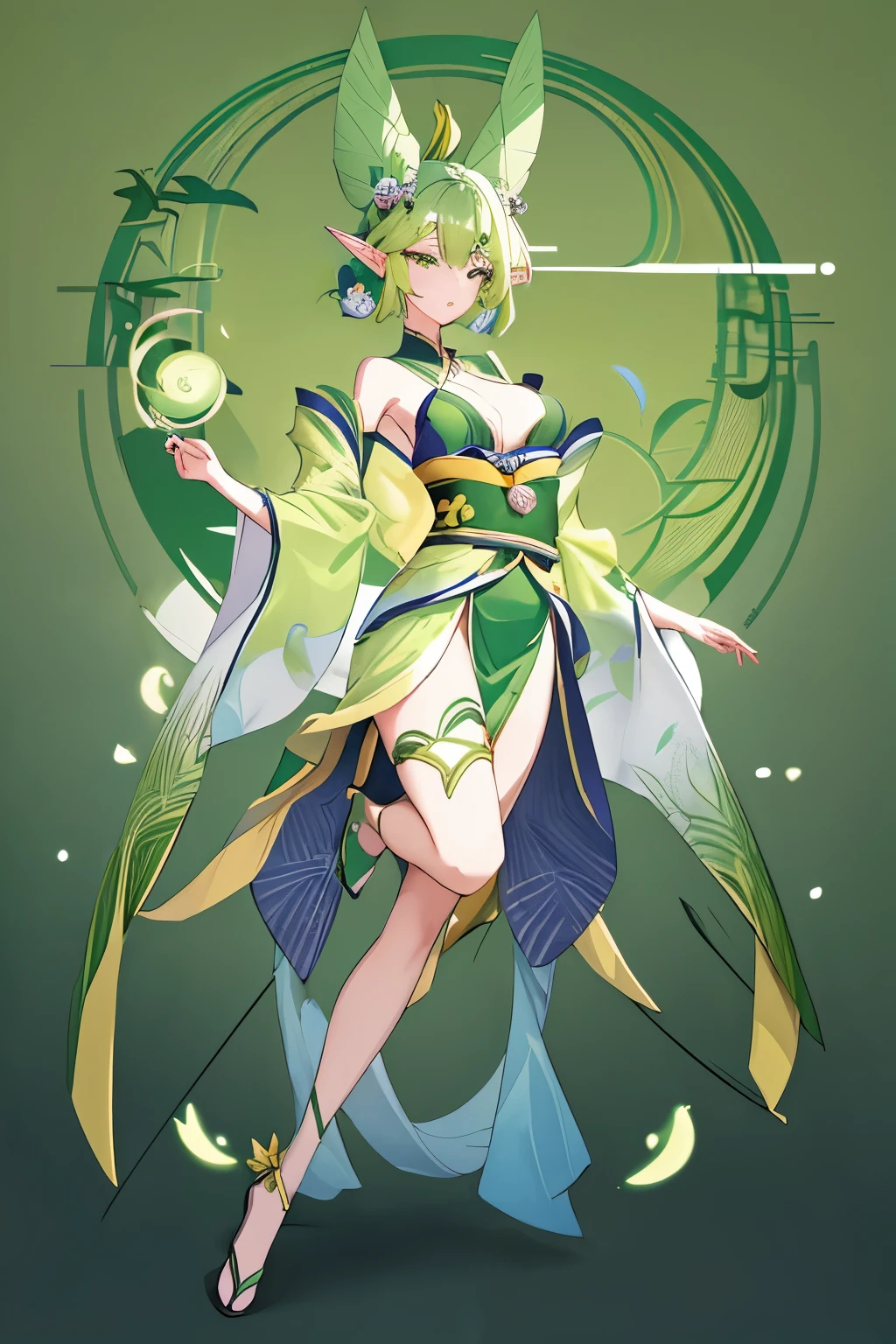 Elf female, feminine look, sexy hair, green outfit, leaves around body, swirling air movement, wide angle, full body view, loose fabric, geometric shapes, small breasts, lime pattern kimono, brushstrokes yellow, up-do hair, Bauhaus, geometric shapes