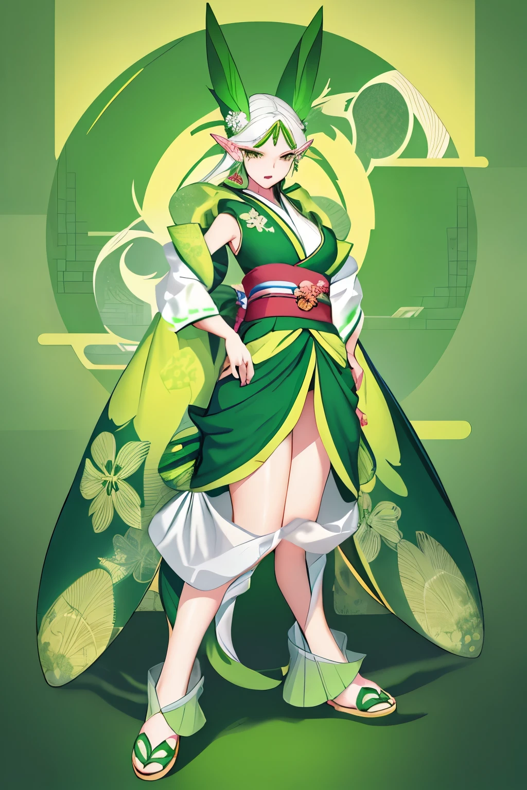 1 girl, Short side swept bangs, well kept hair, a single low long ponytail, tan skin, Light green hair, amber eyes, shaman attire, Early Twenties, full body, looking at viewer, calm smile, Medium Breast