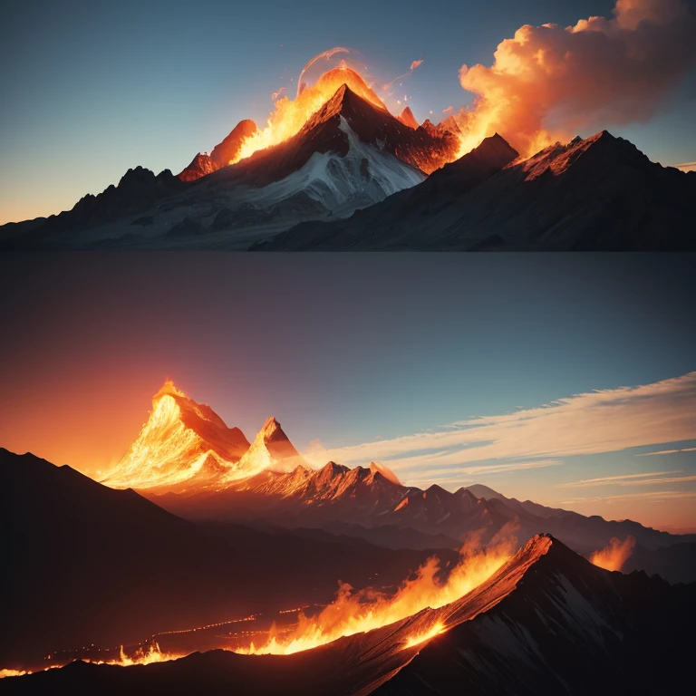 Burning mountains, cinematic, realistically, Double exposure, photorealistically