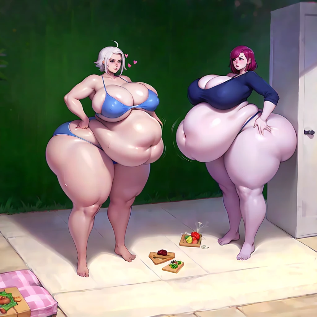 A young woman in a bikini, massive bloated overstuffed heavy protruding bulging obese round belly, hyper massive obese tall wide round heart shaped bubble butt, wide fat hips, massive fat round breasts, deep long cleavage, so full it hurts, gurgling belly, sloshing belly, distended belly, churning belly, it hurts being so full but it feel so good, squishy belly, bellies squished together, squished together, shes upset her friend isnt as fat as her, shes making her obese, wide stance, struggling to stand, deep navel, juicy fat ass, food baby, splayed legs, surrounded by tons of food, two sizes too small bikini,