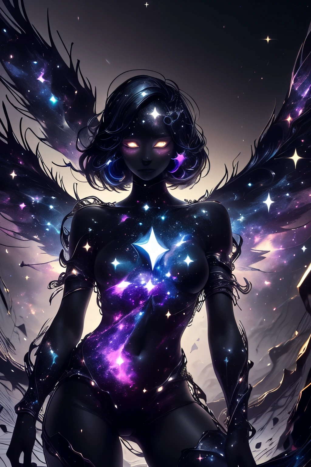 Generate a dark celestial woman with ((extremely perfect)) eyes and (((pure black galaxy skin))). Her ((onyx black)) but (soft) face should be highly detailed and realistically shaded with puffy lips. Her wings are delicate but stunning, with many small fantasy details. This is a (((masterpiece))). Utilize dynamic composition and expressions to create a cinematic experience. Include glittering and delicate jewelry. The woman is standing in front of a pure back background. ((dark celestialskin body, void cosmic body)), ornate,