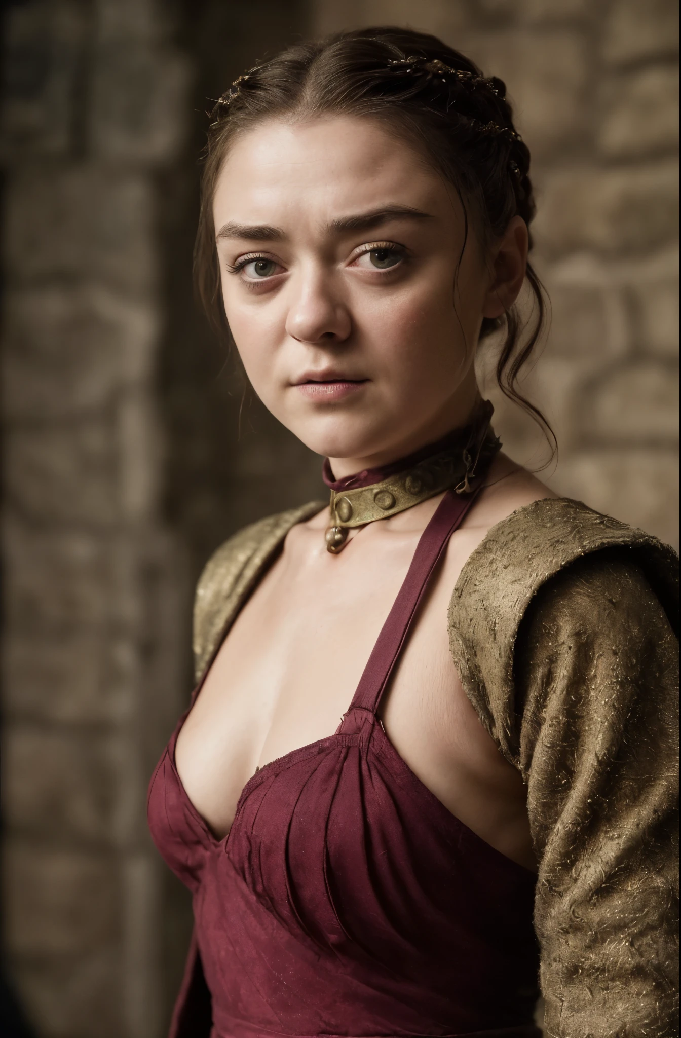Foto RAW, Arya Stark, Extremely gorgeous lady, Arya Stark PLAYED BY MAISIE WILLIAMS, Queen Arya Stark, she a mature woman now, milf, sexy mediaeval tribal dress, gladiator woman, body, 40 years old Woman, Roman slave dress, cotton dress, busty mediaeval costumes, body revealing costumes, perky breast, big natural breast, erotic costumes, lusty physique, seductive figure can capture every people's attention, Game of thrones costumes, revealing captivating figure, Mediaeval costumes, revealing clothes, A tomboy, she would rather fence than dance, warrior queen , game of thrones screen caps, Game of Thrones Series, (a Close-up Portrait photo of a middle age Woman), (metalic skin color),(Highly detailed face:1.4)(background inside dark, Moody, Private study:1.3),(split lighting: 1.4),in swag,extremely detailed armpits hairs,portrait,half body,detailed eyes and face,detailed hair,traditional clothing,aged appearance,royal background,studio lighting,vibrant colors,dignified expression) , Nikon D850, film stock photograph ,4 Kodak Portra 400 ,Camera f1.6 shots ,Rich colors ,Ultra photo realsisim ,Lifelike texture, Dramatic lighting , cine still 800,