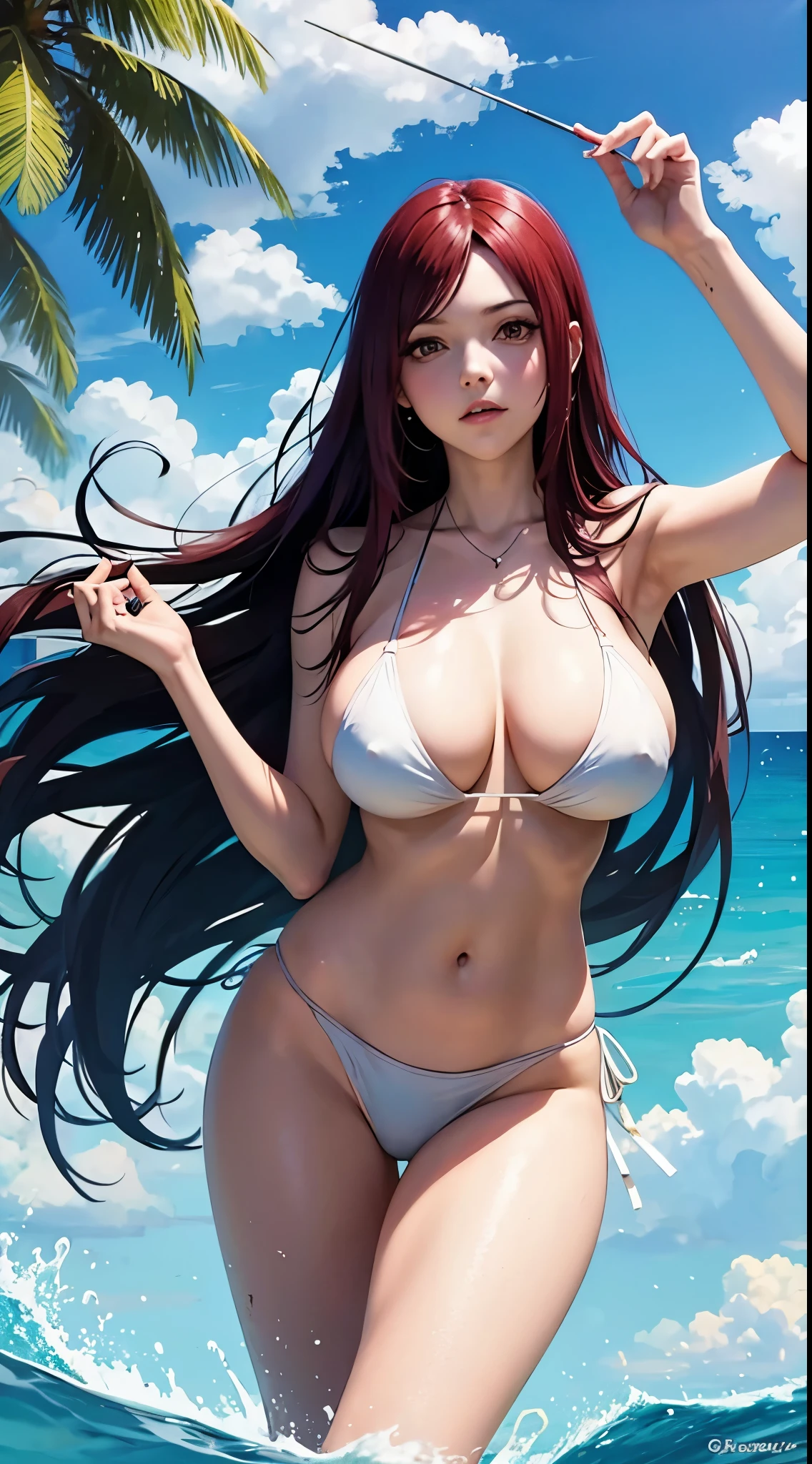 Erza de fairy tail (huge tits), Haut du corps, abdos, bikini comme s'ils n'existaient pas, deserted beach, gros seins, gigantesque seins, 4K ultra UHD, mains parfaites, cing doigts, yeux parfaits, bikini dentelle rouge