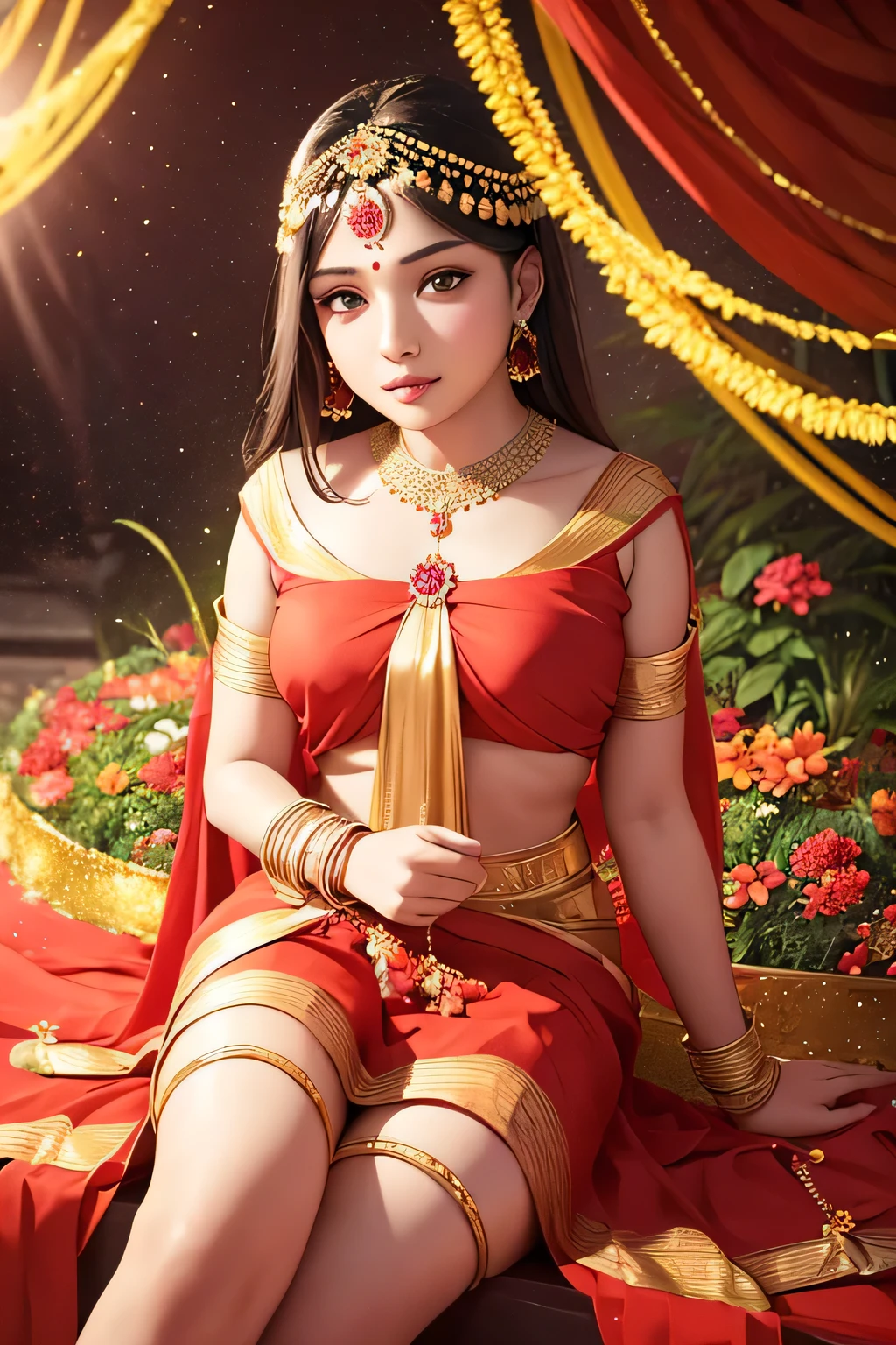 most beautiful in the world, tripursundari, fair, 16 years old girl, wearing reddish sari, reddish skin, golden hue aura, sitting, wearing beautiful flower garland, photo realistic, 8k ultra defination, surrounded by flowers, bokeh, animated lighting