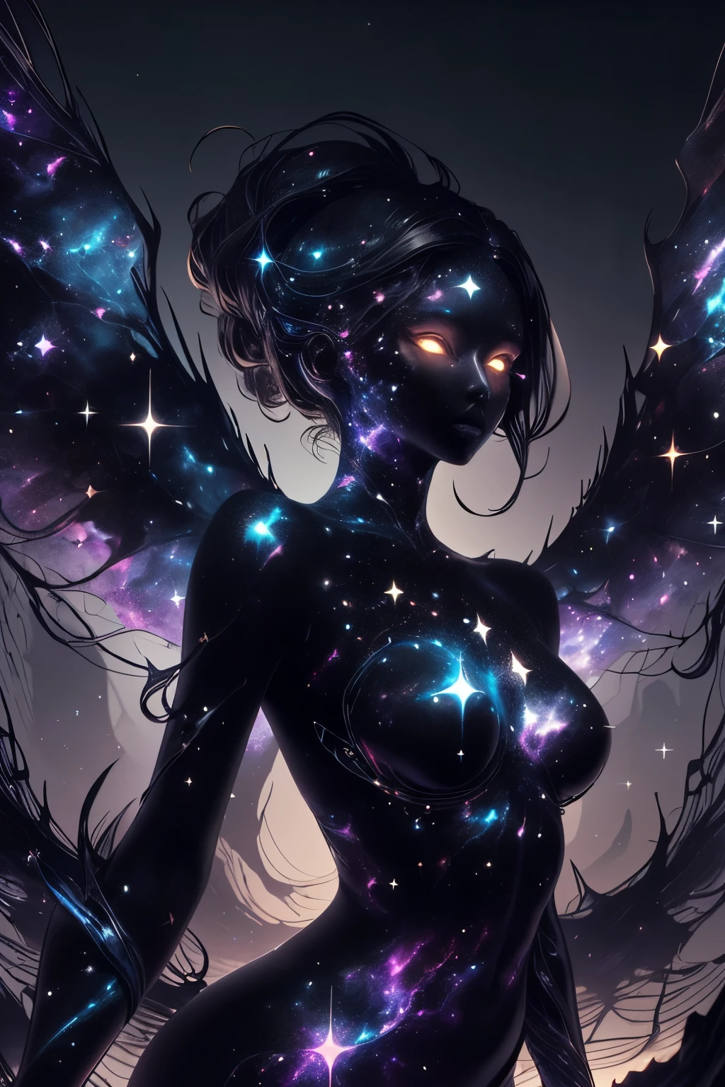 Generate a dark celestial woman with ((extremely perfect)) eyes and (((pure black galaxy skin))). Her ((onyx black)) but (soft) face should be highly detailed and realistically shaded with puffy lips. Her wings are delicate but stunning, with many small fantasy details. This is a (((masterpiece))). Utilize dynamic composition and expressions to create a cinematic experience. Include glittering and delicate jewelry. The background of the image should be pure back, leaving the woman as the focal point of the image. ((dark celestialskin body, void cosmic body)), ornate,