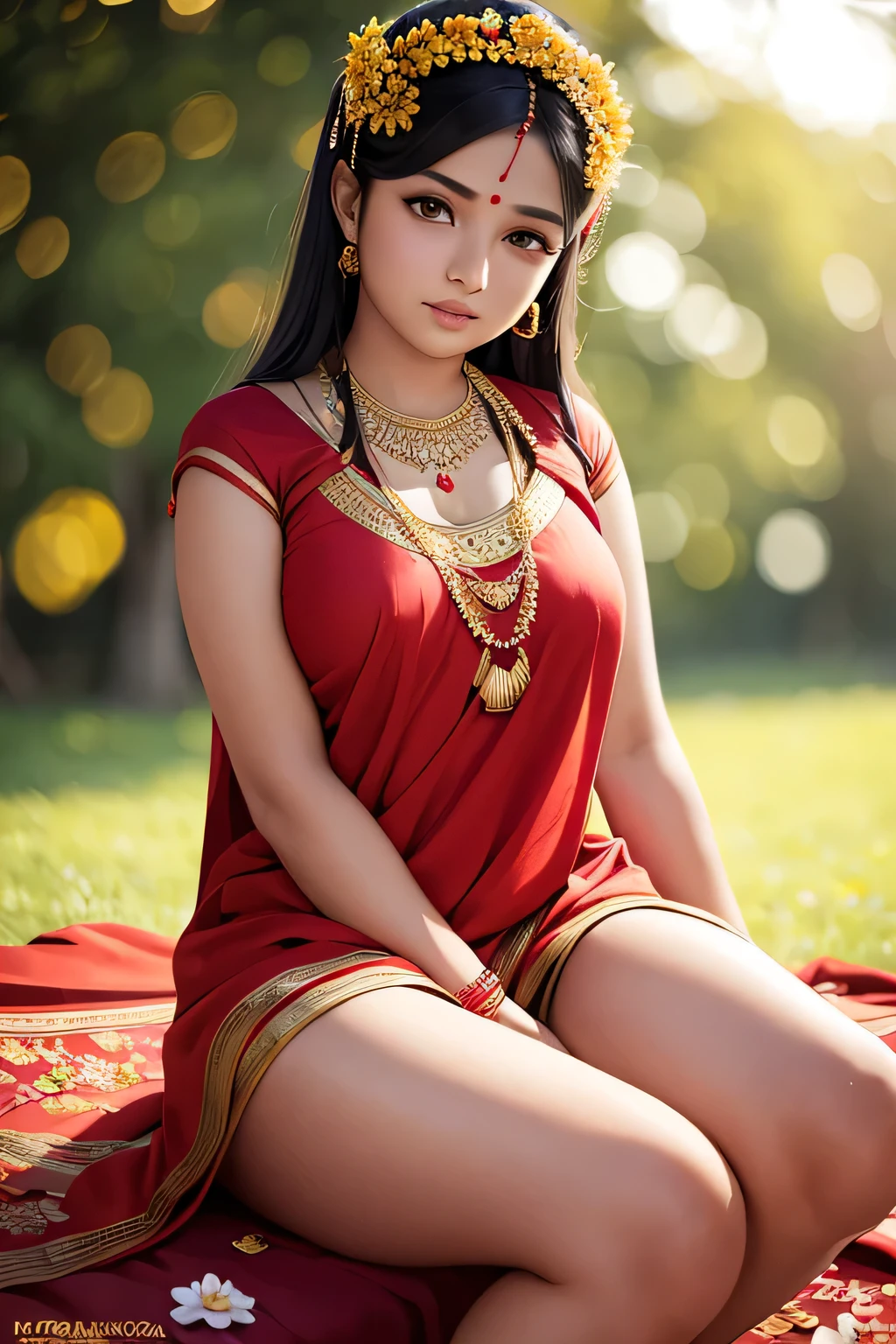most beautiful in the world, tripursundari, fair, 16 years old girl, wearing reddish sari, reddish skin, golden hue aura, sitting, wearing beautiful flower garland, photo realistic, 8k ultra defination, surrounded by flowers, bokeh, animated lighting
