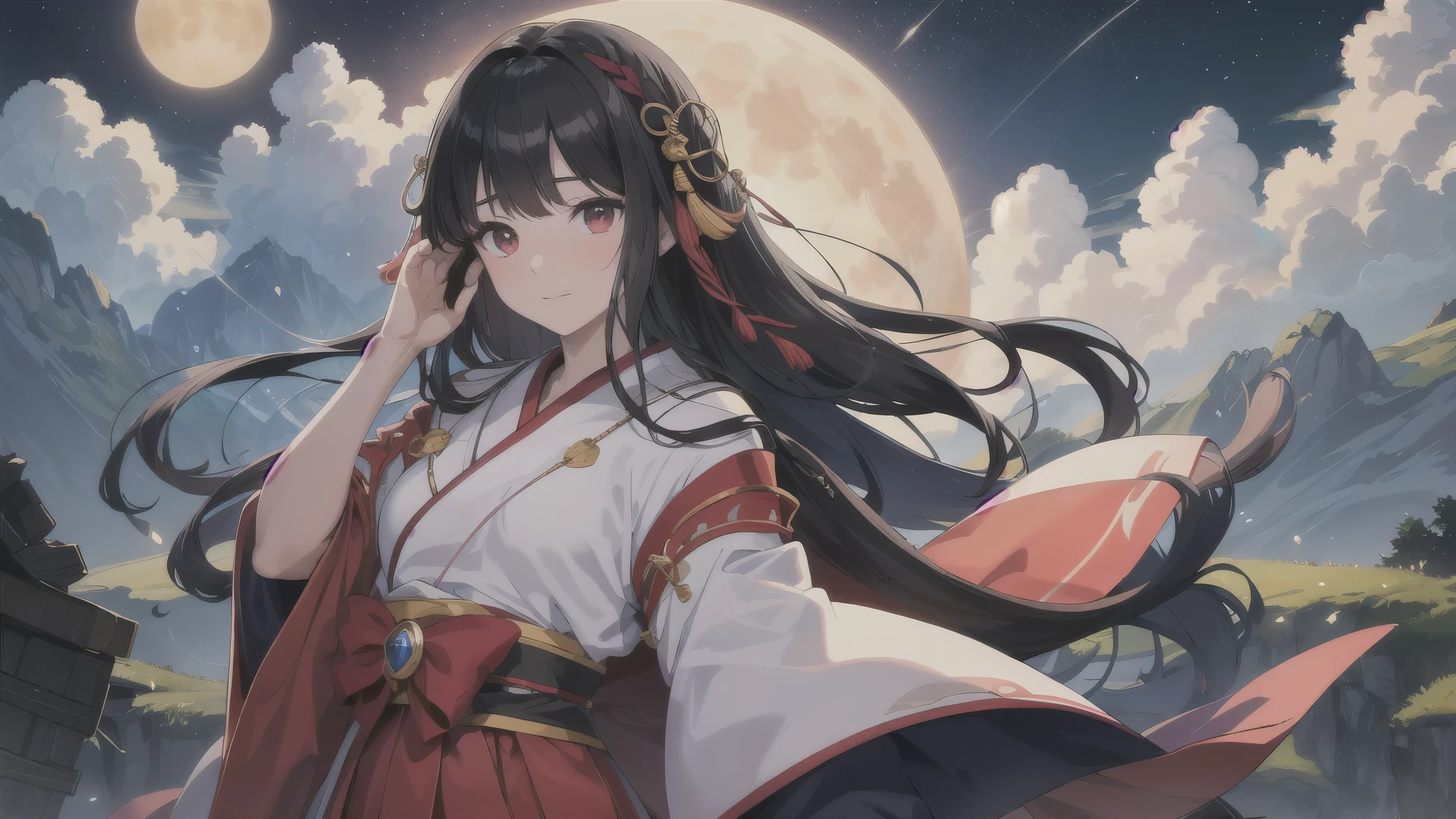 masterpiece, highest quality, High resolution，Head portrait，Little Ainu girl，12 years old，The Overwhelming Nakoruru，Ainu people，Cape，National costume，Ainu Patterns，Best image quality，masterpiece，Beautiful CG，Big red ribbon in hair，Beautiful and touching girl，Hair fluttering，The eyes are pure and clear，smile，Red colored eyes，Best image quality，masterpiece，Beautiful CG，Headphones，Delicate and intricate crystal necklace，highlight，Overwhelmingly beautiful，Small breasts，Impeccable，Hyper HD、16k,Black Hair，Jewel-red eyes，Embarrassed，highest quality，masterpiece，masterpiece，Extremely detailed，Unparalleled beauty，8k，Gorgeous light and shadow hair，Sophisticated long hair，Delicately depict facial features，Delicate depiction of hair），Flowing，full moon，meteor，（+++Complete Hand：2+++），（+Gear 1.9+），Delicately drawn fingerasterpiece，4K quality，Extremely detailed depiction，A very delicate painting，One person girl，（National costume），Flickering Aurora，Large Eyes，Nature，Waist Pouch，Adorable，Beautiful girl，Fluffy Hakama，Holding a naginata，background（night，wreckage，Moonlight，Dancing