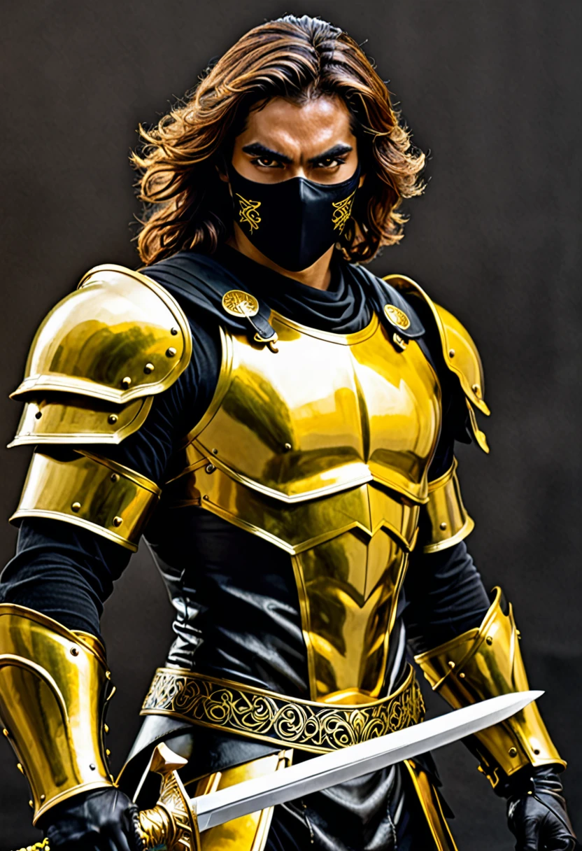 una feroz guerrera con pelo largo y oscuro, ojos amarillos, yellow and black armor that accentuates his muscular form, face framed by a black mask, wielding a double edged sword, con un fondo ????? que realza el contraste de sus colores