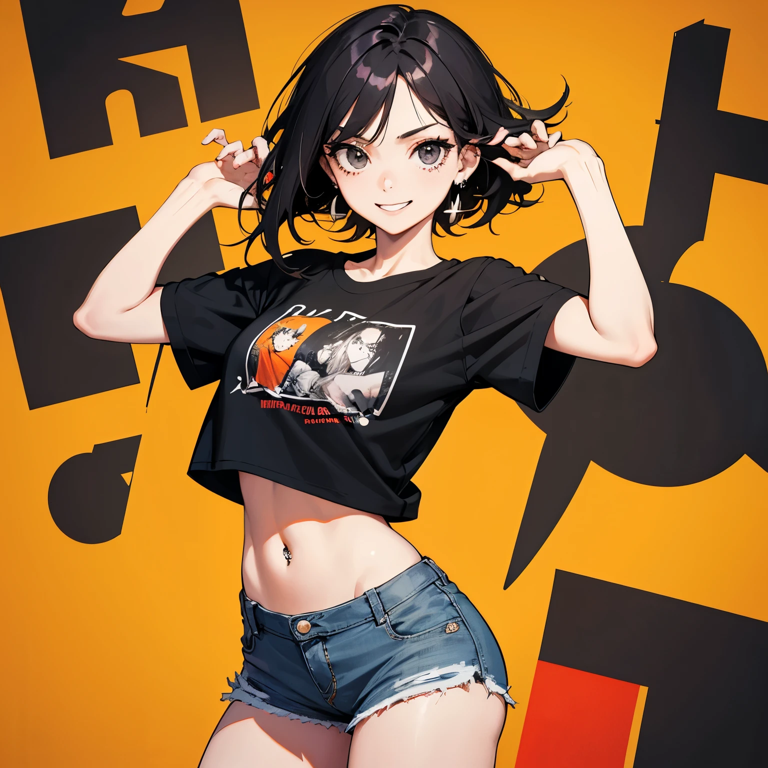 chica adulta, cabello completamente naranja con un poco de blanco y negro, 28 years, senos grandes, biotipo medio grande, pelo corto, piercings en la cara, camiseta negra larga, camiseta negra con letras, bermuda por las rodillas, shorts rasgados, usando medias de red, Botas negras, sonriente, mirando al espectador, plano medio, 4k, Obra maestra