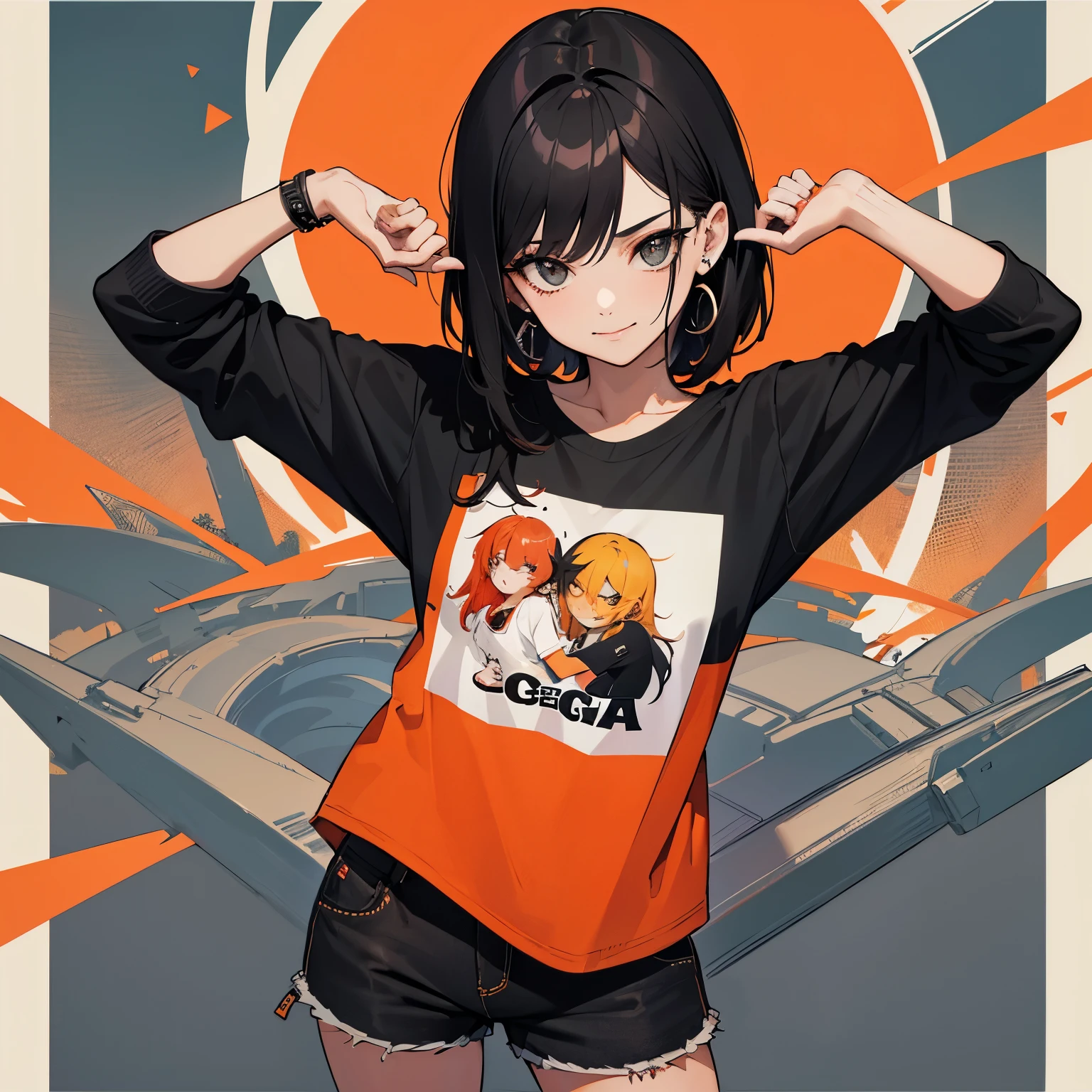 chica adulta, cabello completamente naranja con un poco de blanco y negro, 28 years, senos grandes, biotipo medio grande, pelo corto, piercings en la cara, camiseta negra larga, camiseta negra con letras, bermuda por las rodillas, shorts rasgados, usando medias de red, Botas negras, sonriente, mirando al espectador, plano medio, 4k, Obra maestra