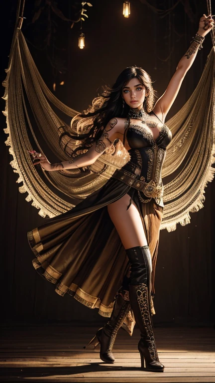 High resolution ultra detailed realistic photography of an Asian Indian woman with long legs and medium cup size, clothing tight crazy steampunk clothing with mullet maxi skirt and overknee stockings with curls and high heel boots underneath, there are many mechanical details and leather and lace on the steampunk clothing, Asian Indian woman in a standing swinging dancing model pose looking towards the camera, clothes swinging in the air, background glowing trees in a forest at night in a dark and mystical mood, woman has many large Indian tattoos
