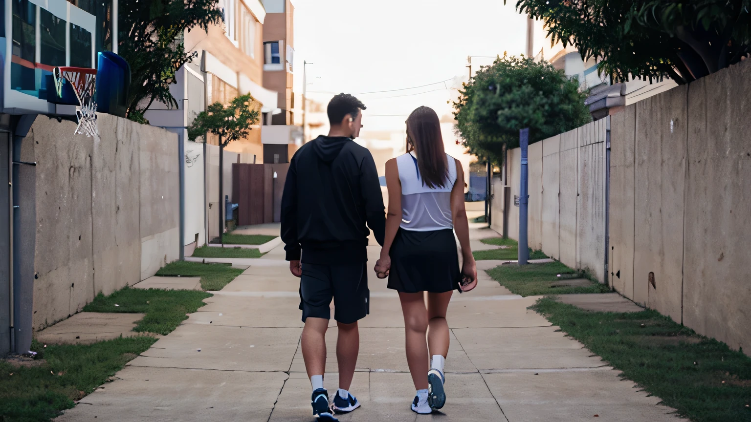 taller Boy leading girl friend, leaving basketball gym hand in hand, camera angle from the back, not showing faces