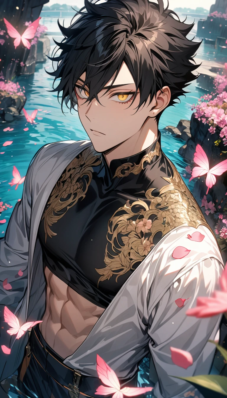 Ultra detailed, Highres, absurdres, HDR, Kuroo Tetsurou, black hair, hair between the eyes, golden eyes, white long coat with patterns, Haikyuu, pink flowers, petals, extremely handsome, sexy man, toned chest, solo, very detailed eyes and face, black gloves, water, black pants, pink butterflies, black tight t-shirt, master piece,