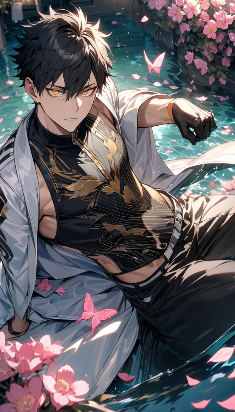 Ultra detailed, Highres, absurdres, HDR, Kuroo Tetsurou, black hair, hair between the eyes, golden eyes, white long coat with patterns, Haikyuu, pink flowers, petals, extremely handsome, sexy man, toned chest, solo, very detailed eyes and face, black gloves, water, black pants, pink butterflies, black tight t-shirt, master piece,