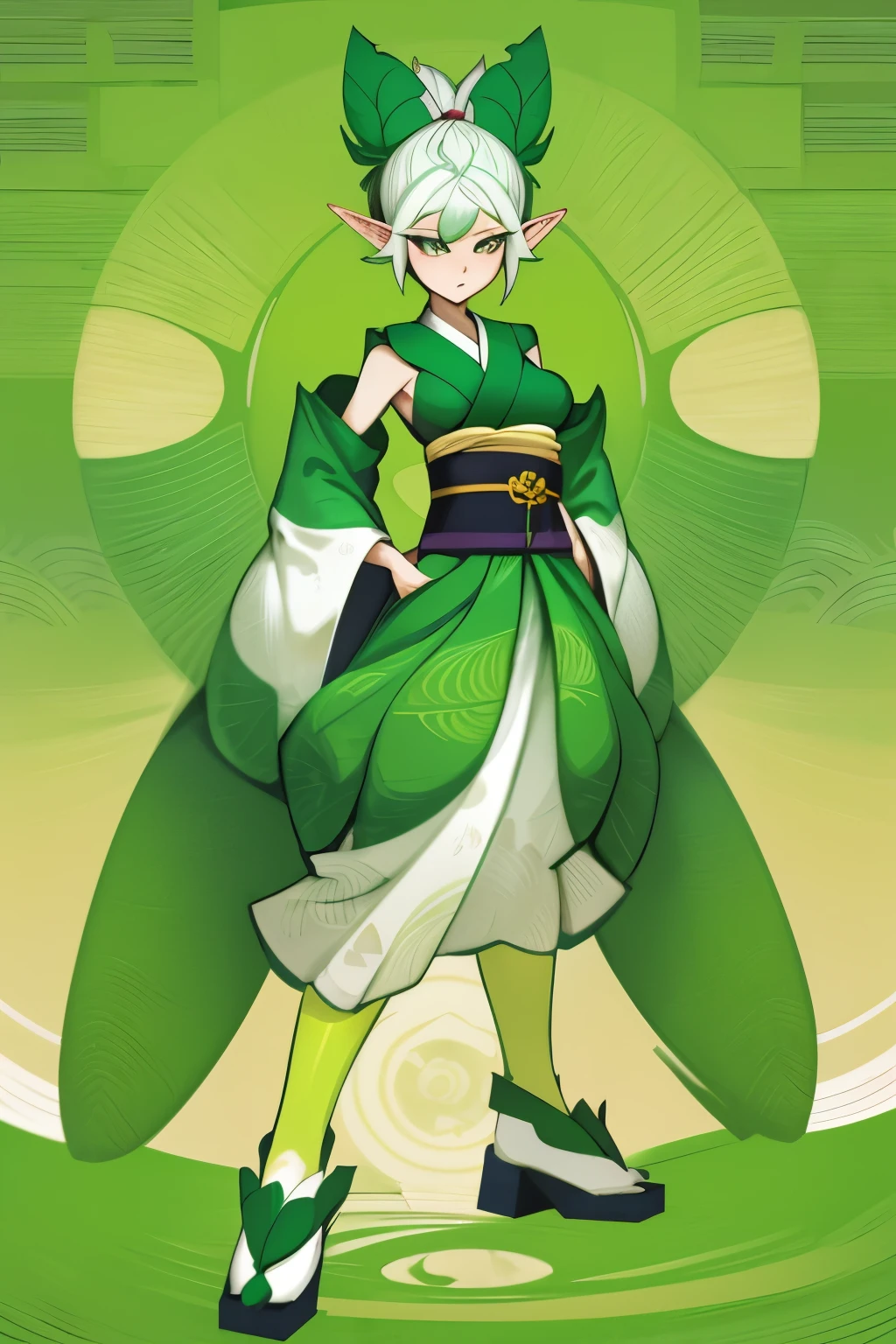 Elf female, feminine look, sexy hair, green outfit, leaves around body, swirling air movement, wide angle, full body view, loose fabric, geometric shapes, small breasts, lime pattern kimono, brushstrokes yellow, up-do hair, Bauhaus, geometric shapes