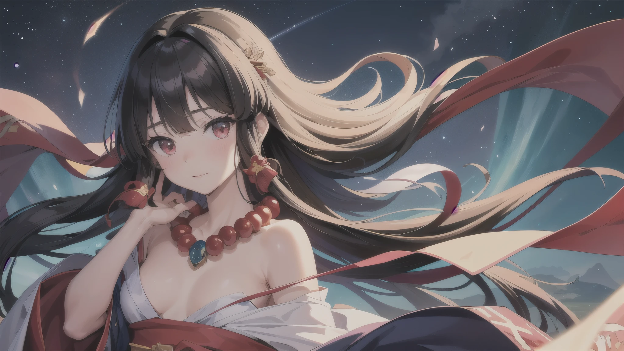 masterpiece, highest quality, High resolution,Head portrait,Little Ainu girl,,The Overwhelming Nakoruru,Ainu people,Cape,National costume,Beautiful Ainu patterns,Best image quality,masterpiece,Beautiful CG,Big red ribbon in hair,Beautiful and touching girl,Hair fluttering,The eyes are pure and clear,smile,Red colored eyes,Best image quality,masterpiece,Beautiful CG,Headphones,Delicate and intricate crystal necklace,highlight,Overwhelmingly beautiful,Small breasts,Impeccable,Hyper HD、16k,Black Hair,Jewel-red eyes,Embarrassed,highest quality,masterpiece,masterpiece,Extremely detailed,Unparalleled beauty,8k,Gorgeous light and shadow hair,Sophisticated long hair,Delicately depict facial features,Delicate depiction of hair),Flowing,full moon,meteor,(+++Complete Hand:2+++),(+Gear 1.9+),Delicately drawn fingerasterpiece,4K quality,Extremely detailed depiction,A very delicate painting,One person girl,(National costume),Flickering Aurora,Large Eyes,Nature,Waist Pouch,Adorable,Beautiful girl,Fluffy Hakama,background(night,wreckage,Moonlight,Dancing