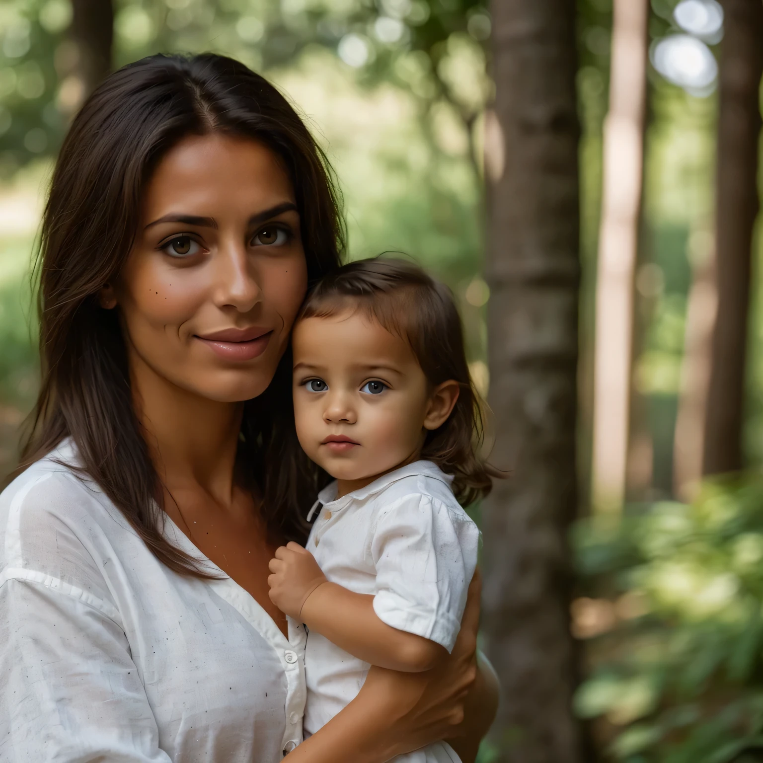 There is a woman holding a  in her arms in the forest, 60mm retrato, 7 0 mm retrato, retrato image, 50mm retrato, 3 Brazilian mother of 5 yeartografia materna 4k, portait image, high quality retrato, with a , medium retrato soft light, retrato, close up retrato photo, 50 mm lens photo retrato