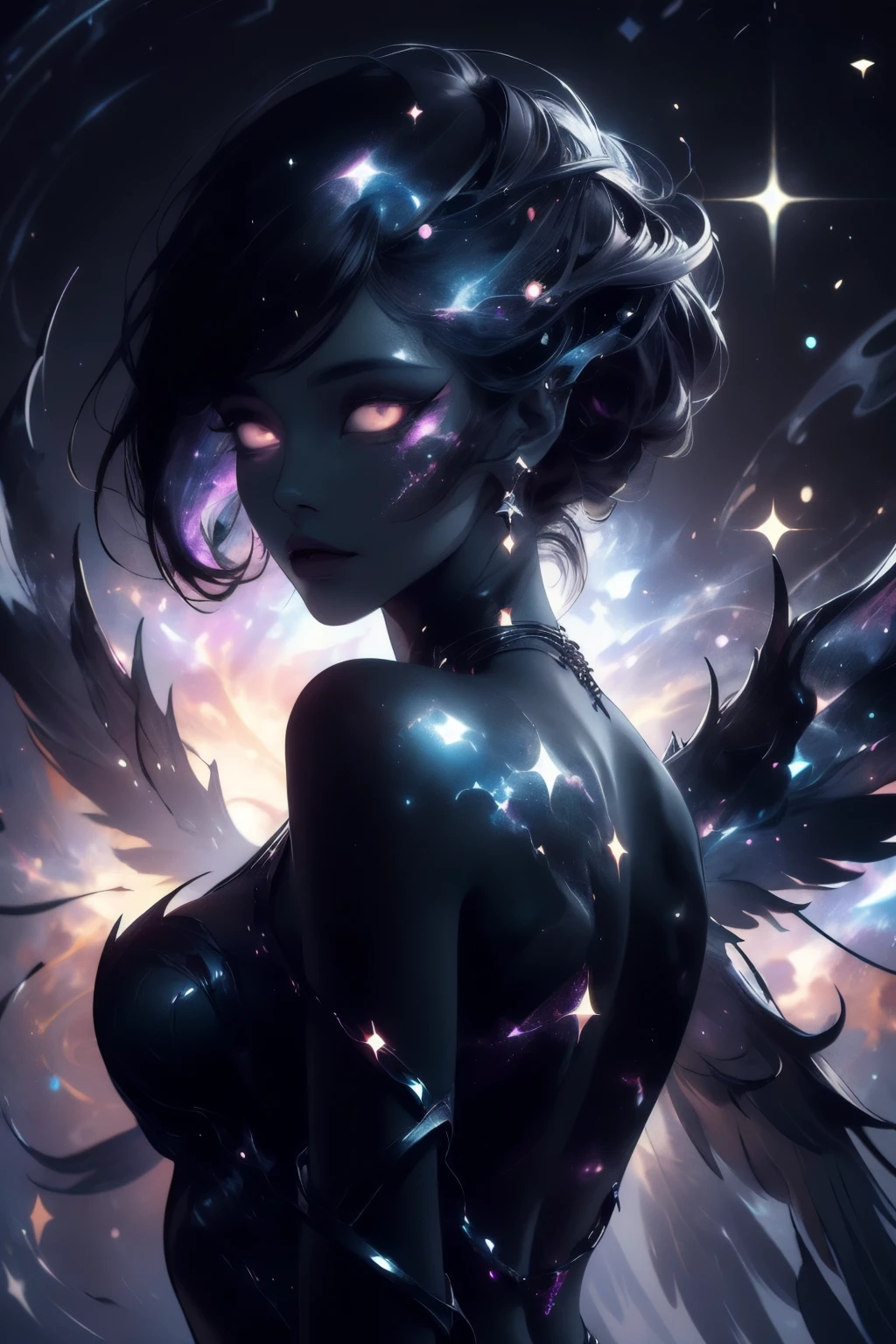 Generate a dark celestial woman with ((extremely perfect)) eyes and (((pure black galaxy skin))). Her ((onyx black)) but (soft) face should be highly detailed and realistically shaded with puffy lips. Her wings are delicate but stunning, with many small fantasy details. This is a (((masterpiece))). Utilize dynamic composition and expressions to create a cinematic experience. Include glittering and delicate jewelry. The background of the image should be pure back, leaving the woman as the focal point of the image. ((dark celestialskin body, void cosmic body)), ornate, (((dark background))), (((lights off))), (((hollywood dark)))