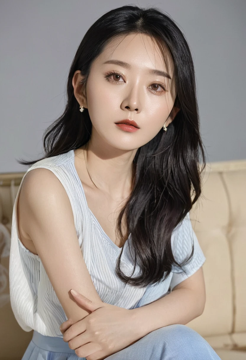 There is a woman sitting on the sofa, 34 years old, Chen Xintong, 22 years old, Chi Fengling, 21 years old, 18-year-old, Wenfei Ye, HeadshotProfile picture, 29-year-old, Filmed in the early 2020s