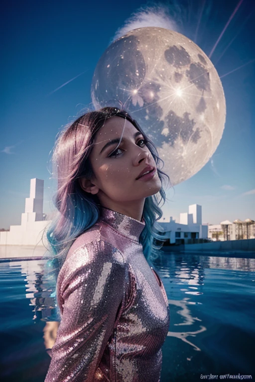 pink and glittery full moon, blue sky in the back, realistic photography, slim aarons style, Surrealism, Conceptual art, Cubist Futurism, Minimalism, modern, Neoclassicism, Contemporary art, glowing light, god rays, reflection light, UHD, best quality, award winning, high quality, high details, super detail, ccurate