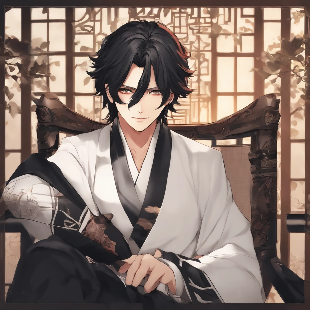 hombre anime con cabello negro y tatuajes sentado en una silla, un retrato de personaje inspirado en Okumura Masanobu, tendencia en pixiv, shin hanga, hombre guapo animado, chico guapo en el arte de Demon Slayer, personaje de anime masculino, pose de anime guapo, handsome japanese demon boy, taisho romano, hijikata toushirou, Sebastian Michaelis