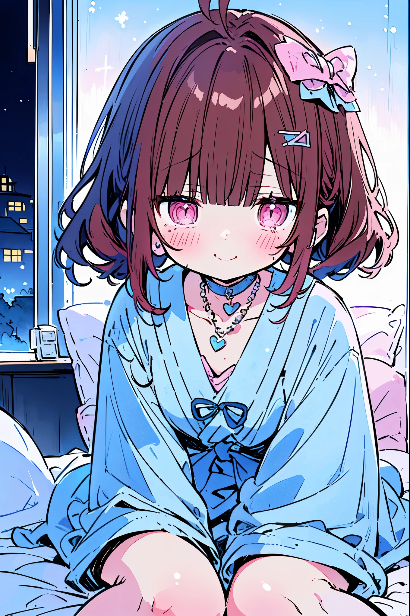 {{{{masterpiece}}}}, {{{Super detailed}}}, {{{high resolution}}},{{high resolution:1.3}}, {{good anatomy}}, (((best quality))), ((on the bed,indoor,blue theme,anime style,anime girl)),(((pink eyes,brown hair))),(big perfect eyes),((yandere,dark eyelash)),(((smart casual in pale blue color,collarbone,white yukata, jewelry, choker,necklace,dark atmosphere,night time))), hairclip, {8k cg wallpaper}, {{illustration,zoom in,focus on face,close-up shot, looking out a window}},((ahoge|floating hair|blunt bangs|short hair|curly perm))smile,(1girl:1), bride,solo,alone,(Color difference:1.2),(yandere smile,evil smile,Dark circles),blushing,neat face,(medium breasts),((The details are complex、Shallow depth of field、weak lighting、a Canon EOS R5、50mm lens、f / 2.8、shot at 8k resolution))
