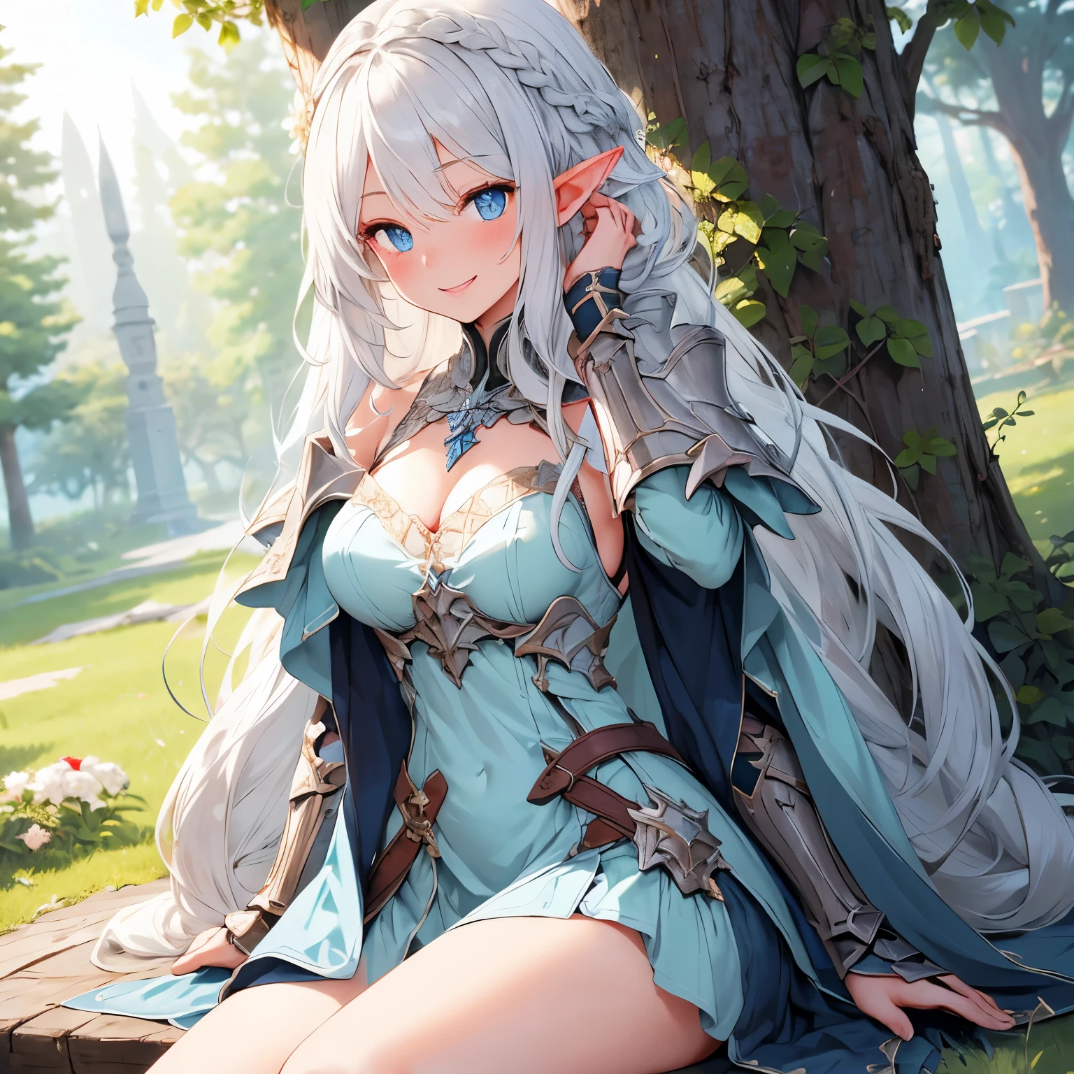 woods, Nature, Beautiful nature, medieval city background, smile, Smiling, solo, 1girl, soft smile, slender figure, slim, skinny, short height, Sexy, Beautiful composition, the trees, beatiful face, handsome body (Body Full 1.1.), Beautiful figure, in full height (Body Full 1.1.), closed mouth, Digital Art, sexypose, beautiful breasts, Medium-sized breasts, High Elf Knight(Body Full 1.1) elf, (Dark Blue eyes:1.5), white hair, long hair, braid on hair, silver hair, Knight, Beautiful figure, beautiful breasts, (Fullness of the body.1,1) silver hair, Hair between the eyes, hairlong, long hair, straight hair, pointed ears, long ears, side locks, bangs, Asymmetrical Clothing, cloak, elf, (Masterpiece:1.2), Best Quality, High Resolution, Unity 8k Wallpaper, (illustration:0.8), (beautiful detail eyes:1.6), extremely detailed face, perfect lighting, extremely detailed CGI, (perfect arms, perfect anatomy), epic composition, sundress, white dress, flowers in hands, hair braid on head, braid, tress, tress on head, golden spear sheathed on her back diagonally, looking at viewer, cleavage, necklace, sitting, legs spread