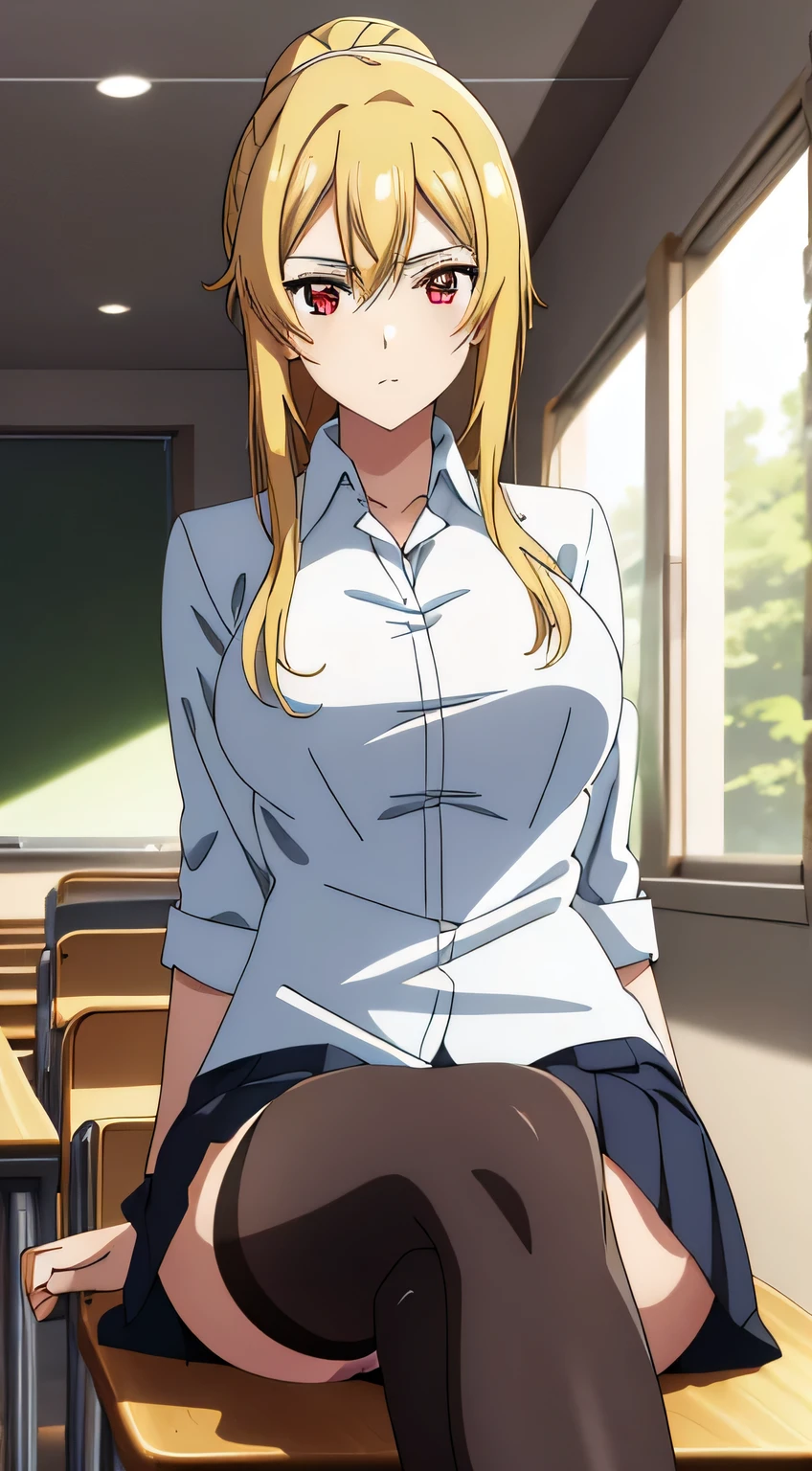 best quality, high resolution, 8K, anime art style, beautiful detailed eyes, extremely detailed face, soft expression, stylish pose, Angelica V4,1girl,solo,red eyes, (collared shirt, white shirt, miniskirt, panties,classroom, cowboy shot), looking at the audience, in the center of the image, beautiful large medium-sized breasts, beautiful face, slim waist, appealing, soft lighting,Crossing your legs, Sitting,tights