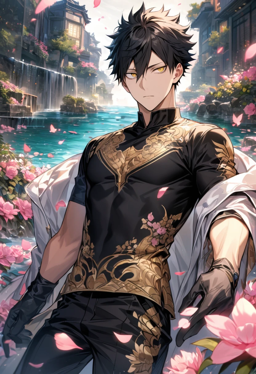 absurdres, highres, ultra detailed, HDR, master piece, best quality, extremely detailed, detailed face, detailed eyes, Judar, black hair, segmented long low ponytail, expressive red eyes, Magi: The Labyrinth Of Magic, solo, sexy man, handsome, manly man, sensual, Indian white chunnari around his shoulders, small short-sleeved black midriff-baring choli, black Indian pants, sitting, golden necklace with a ruby, golden bracelets, garden, cherry blossoms, pink petals, pink flowers, pink butterflies, blue sky, fantasy, magical