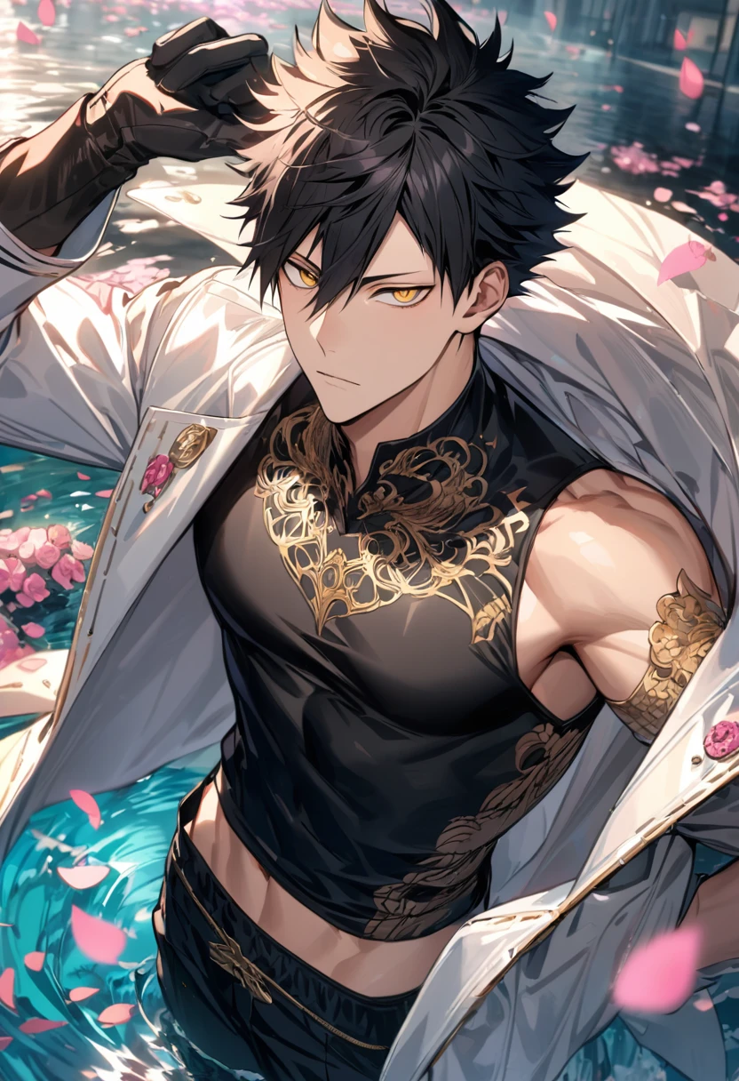 Ultra detailed, Highres, absurdres, HDR, Kuroo Tetsurou, black hair, hair between the eyes, golden eyes, white long coat with patterns, Haikyuu, pink flowers, petals, handsome, sexy man, toned chest, solo, very detailed eyes and face, black gloves, water, black pants, pink butterflies, black tight t-shirt, master piece,