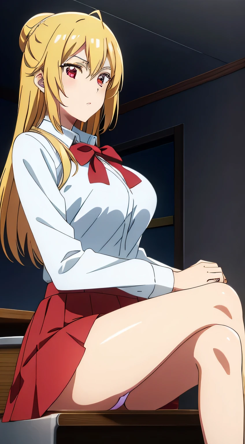 best quality, high resolution, 8K, anime art style, beautiful detailed eyes, extremely detailed face, soft expression, stylish pose, Angelica V4,1girl,solo,red eyes, (collared shirt, white shirt, miniskirt, panties,classroom, cowboy shot), looking at the audience, in the center of the image, beautiful large medium-sized breasts, beautiful face, slim waist, appealing, soft lighting,Crossing your legs, Sitting,tights