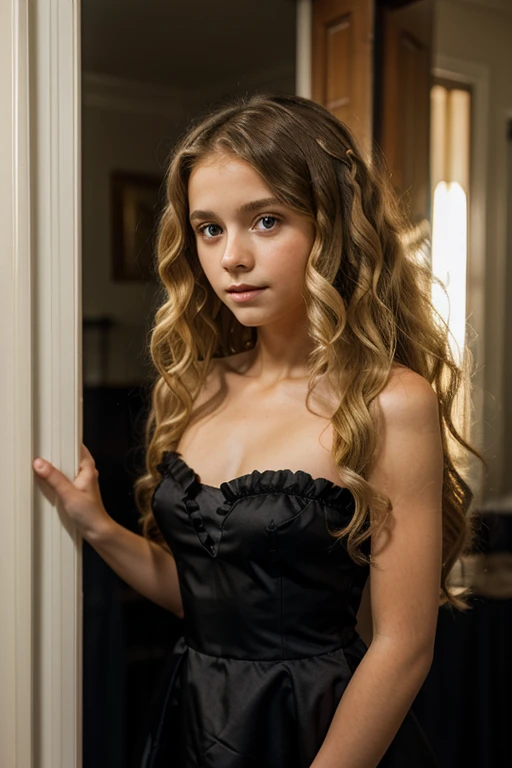 European girl, , Blond long curly hair, wearing a black evening dress, strapless