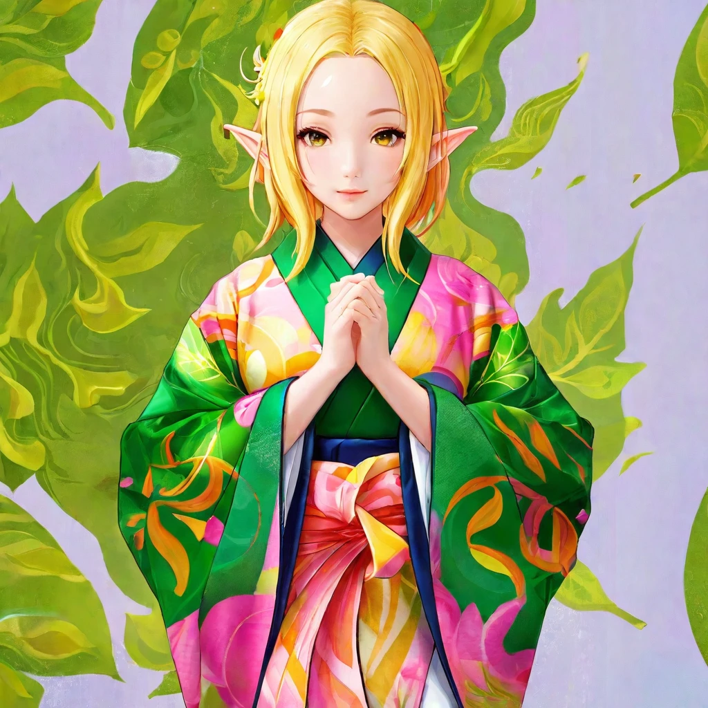 Elf female, feminine look, sexy hair, green outfit, leaves around body, swirling air movement, wide angle, full body view, loose fabric, geometric shapes, small breasts, lime pattern kimono, brushstrokes yellow, up-do hair, Bauhaus, geometric shapes