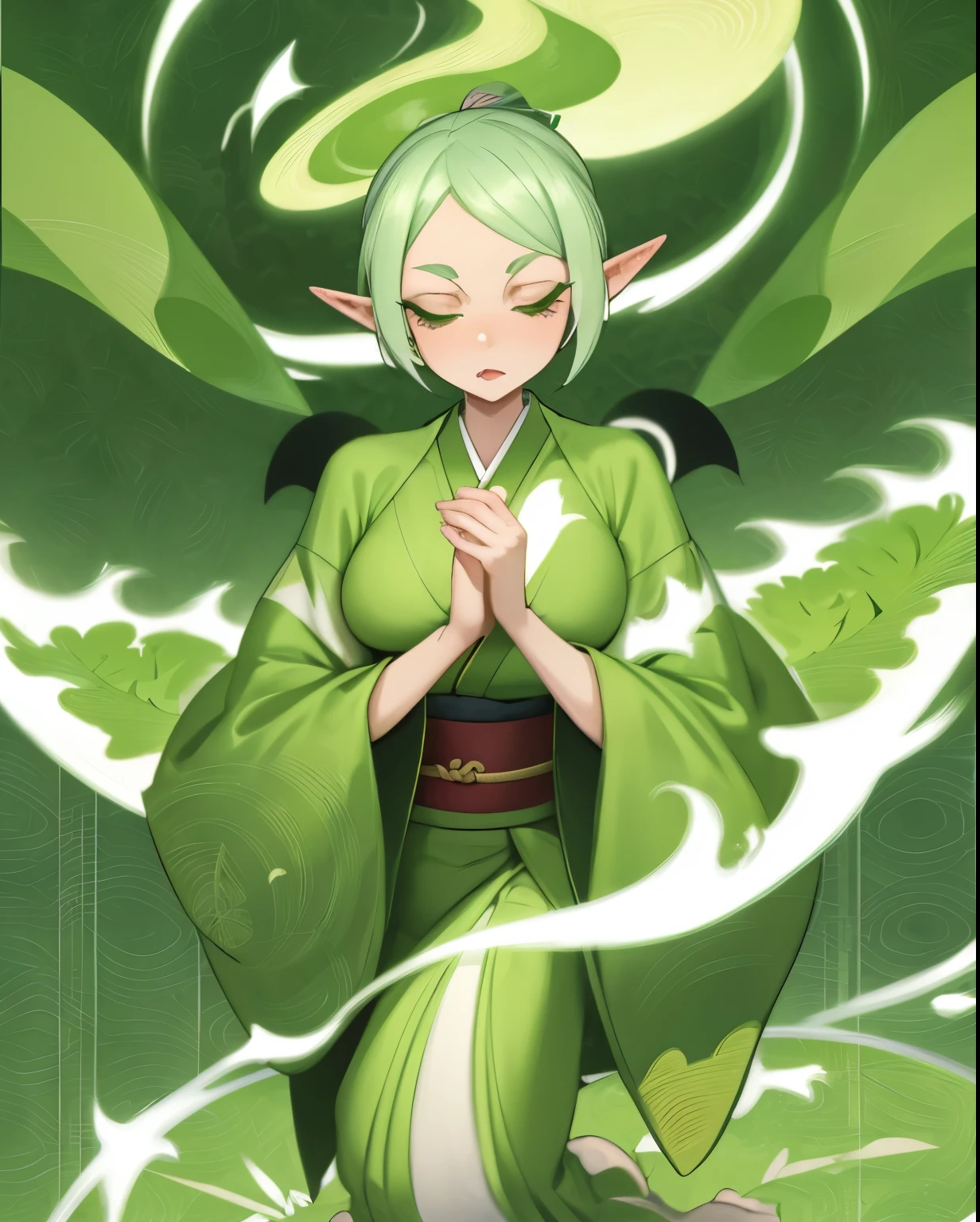 Elf female, feminine look, sexy hair, green outfit, leaves around body, swirling air movement, wide angle, full body view, loose fabric, geometric shapes, small breasts, lime pattern kimono, brushstrokes yellow, up-do hair, Bauhaus, geometric shapes