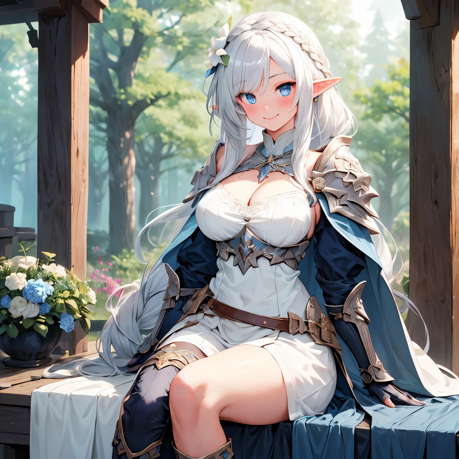 woods, Nature, Beautiful nature, medieval city background, smile, Smiling, solo, 1girl, soft smile, slender figure, slim, skinny, short height, Sexy, Beautiful composition, the trees, beatiful face, handsome body (Body Full 1.1.), Beautiful figure, in full height (Body Full 1.1.), closed mouth, Digital Art, sexypose, beautiful breasts, Medium-sized breasts, High Elf Knight(Body Full 1.1) elf, (Dark Blue eyes:1.5), white hair, long hair, braid on hair, silver hair, Knight, Beautiful figure, beautiful breasts, (Fullness of the body.1,1) silver hair, Hair between the eyes, hairlong, long hair, straight hair, pointed ears, long ears, side locks, bangs, Asymmetrical Clothing, cloak, elf, (Masterpiece:1.2), Best Quality, High Resolution, Unity 8k Wallpaper, (illustration:0.8), (beautiful detail eyes:1.6), extremely detailed face, perfect lighting, extremely detailed CGI, (perfect arms, perfect anatomy), epic composition, sundress, white dress, flowers in hands, hair braid on head, braid, tress, tress on head, golden spear sheathed on her back diagonally, looking at viewer, cleavage, necklace, sitting, legs spread