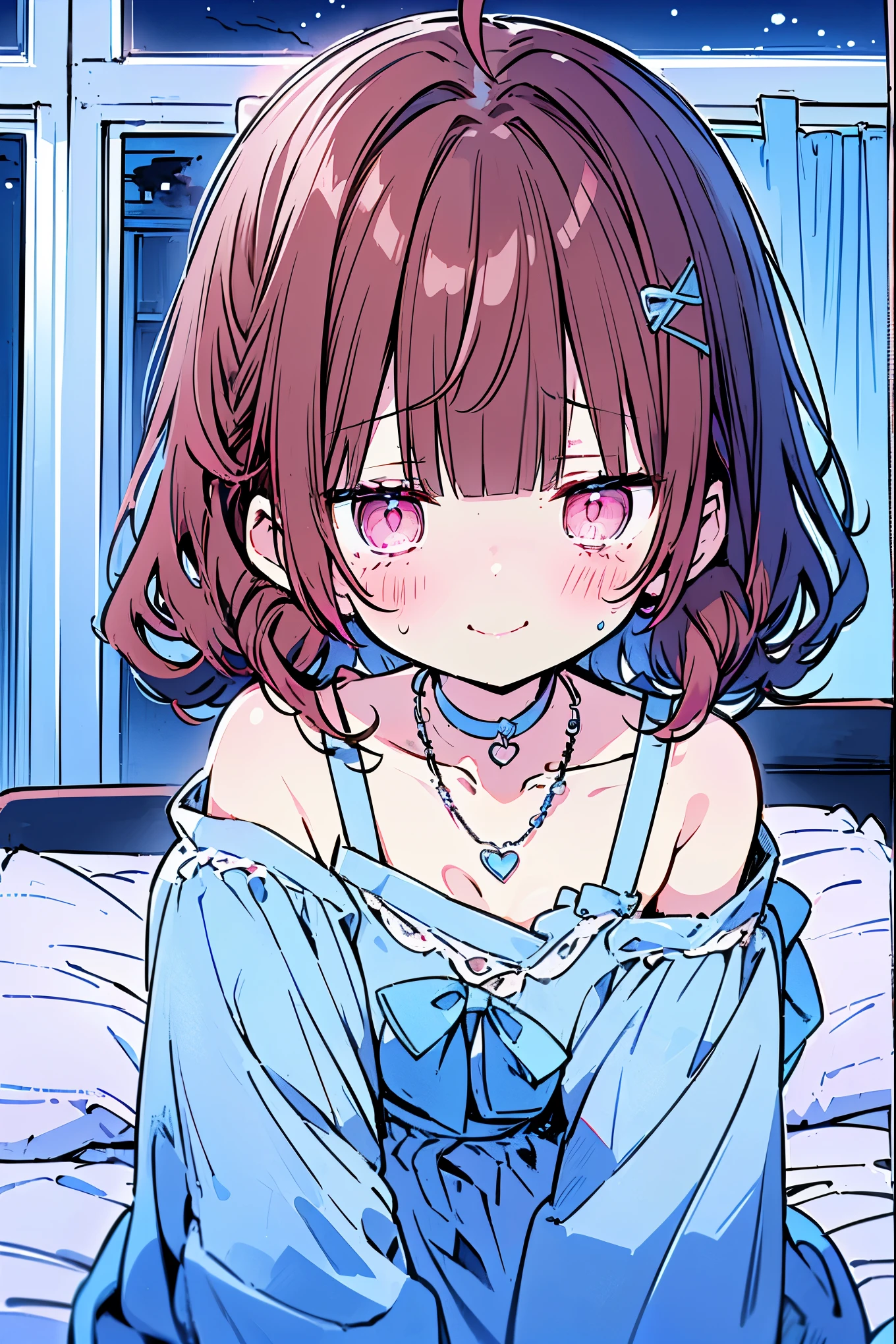 {{{{masterpiece}}}}, {{{Super detailed}}}, {{{high resolution}}},{{high resolution:1.3}}, {{good anatomy}}, (((best quality))), ((on the bed,indoor,blue theme,anime style,anime girl)),(((pink eyes,brown hair))),(big perfect eyes),((yandere,dark eyelash)),(((smart casual in pale blue color,collarbone,white yukata, jewelry, choker,necklace,dark atmosphere,night time))), hairclip, {8k cg wallpaper}, {{illustration,zoom in,focus on face,close-up shot, looking out a window}},((ahoge|floating hair|blunt bangs|short hair|curly perm))smile,(1girl:1), bride,solo,alone,(Color difference:1.2),(yandere smile,evil smile,Dark circles),blushing,neat face,(medium breasts),((The details are complex、Shallow depth of field、weak lighting、a Canon EOS R5、50mm lens、f / 2.8、shot at 8k resolution))