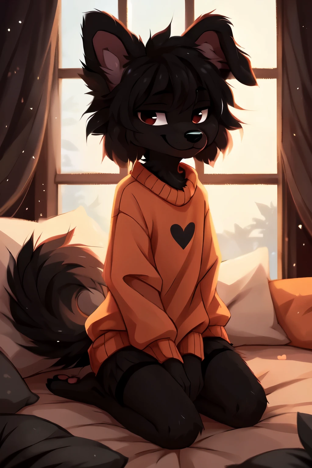  ((by reysi)),  Best quality, super detailed illustration, warm colors, Ideal lighting, (Fluffy boy dog:1.6), (Black fur:1.5) ,feminine face and body, disheveled thick gray hair, short shorts, long black stockings, Long-sleeved sweater, in a cosy room, smug smile, tricky glance , Femboy, slim, perfect body,