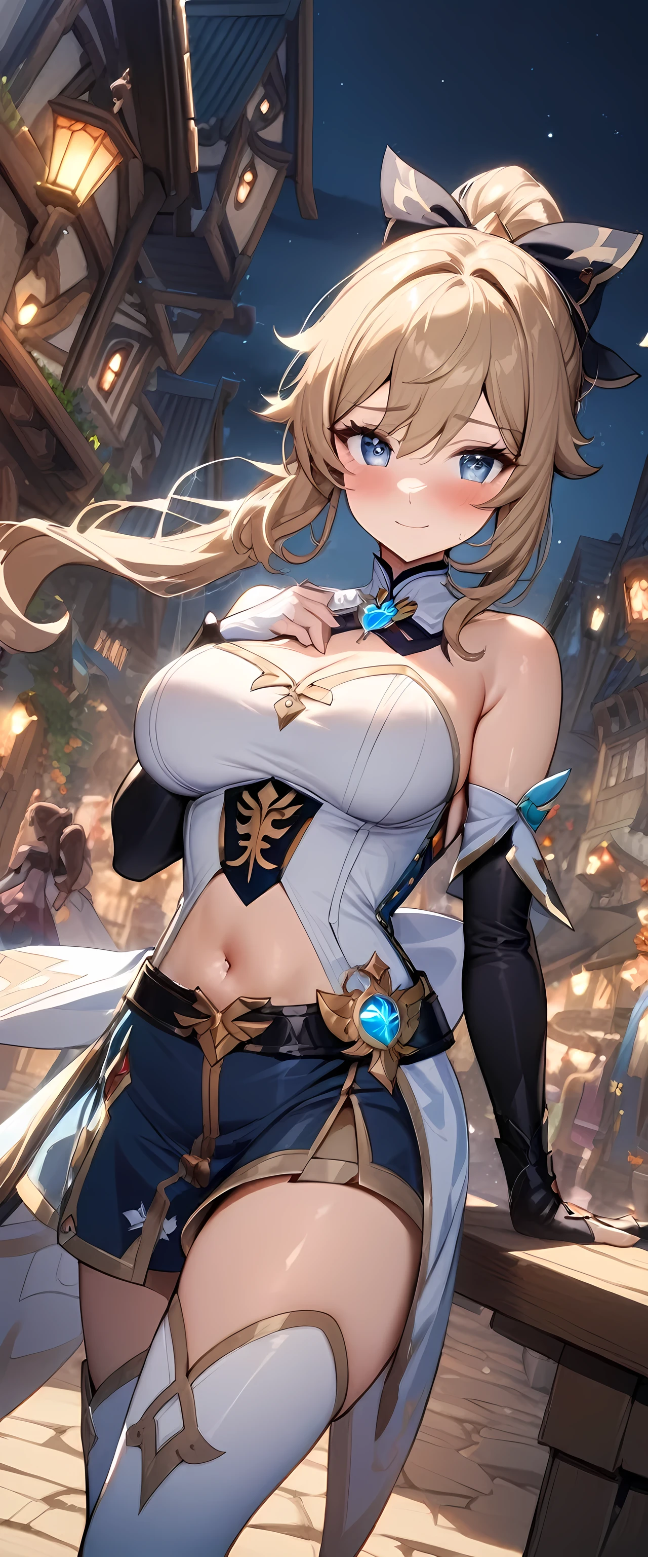 (masterpiece), best quality, expressive eyes, perfect face,1girl,jean,genshin impact,fantasy town,nighttime,(glitters:0.9),(sparkes:0.9),cowboy shot,big breasts,24-year old girl,ponytail hair ribbon,navel,dynamic angle,long boots,skirt,elbow gloves,bare shoulders,(magical girl dress),blush,light smile