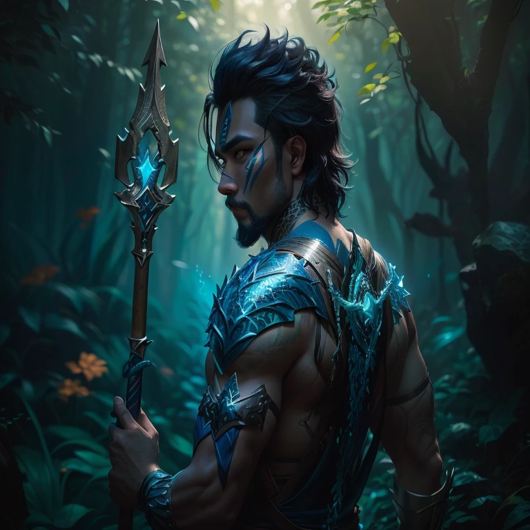 sharpened man in a blue costume holding a spear in a forest, aquaman aesthetic, trends on Artstation:3, trends on Artstation 4k, ross tran 8k, retrato de sereia guerreira, trends in cg society, trends at cgsociety art, deviantart artstation cgscosiety, [ trends at cgsociety ]!!, inspirado em Rudy Siswanto