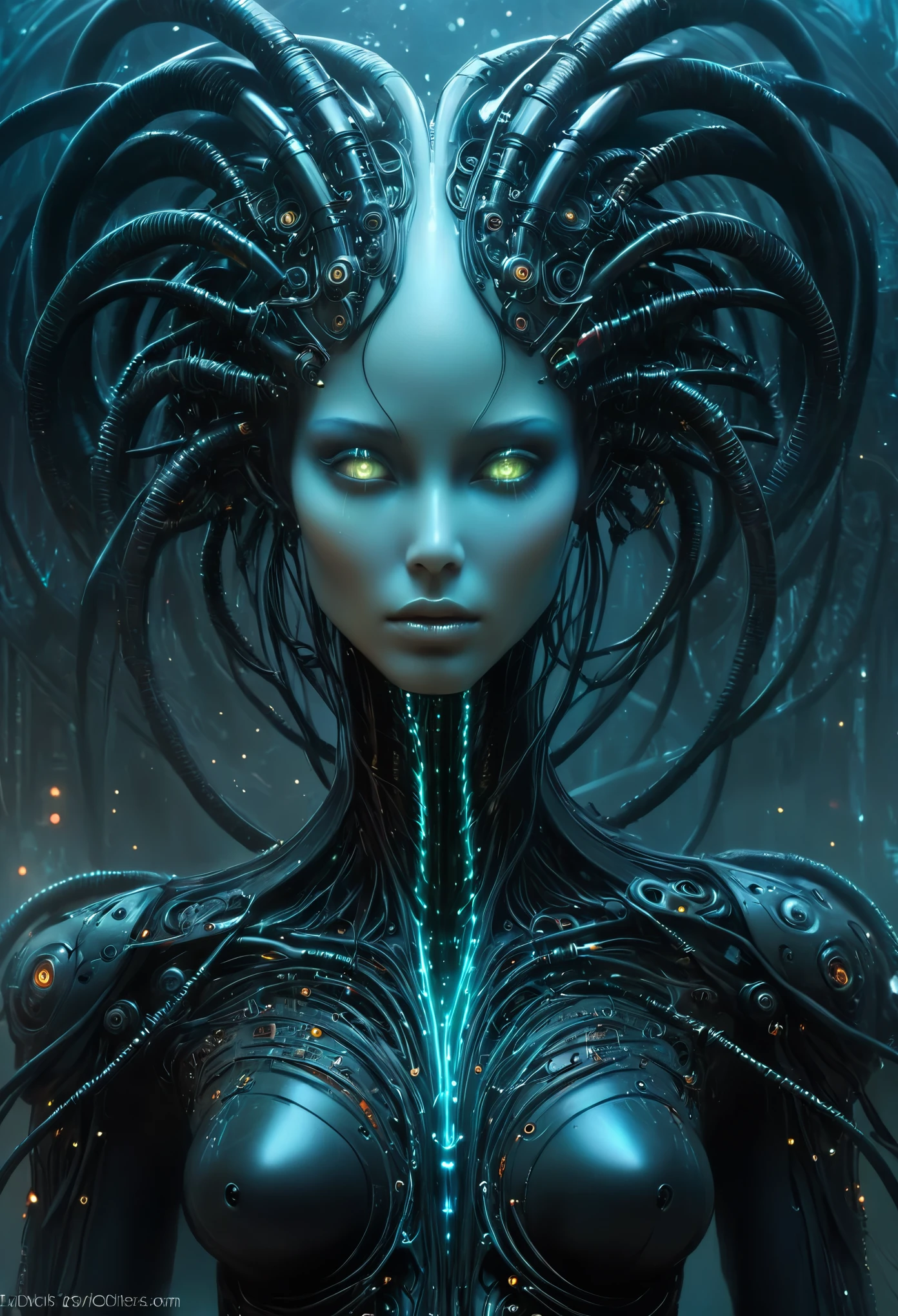 The prompt for the given theme is: "black color, ram's head, Death's scythe, infernal horror, overlooking, tattered clothes, downward gaze, illustrations, highres, ultra-detailed, dark fantasy, sharp focus, vivid colors, dramatic lighting, bokeh". female robot pilot, mechanical creature, electronic wires relays computer nerves, girl face, dystopian surrealism, alex ries zdzisaw beksinski giger, very intricate details, demon chinese female, deep luminous eyes contain galaxies, head contains nebula, deep aesthetic, concept art, carved silver circuits diodes resistors semiconductors, highly ornate
