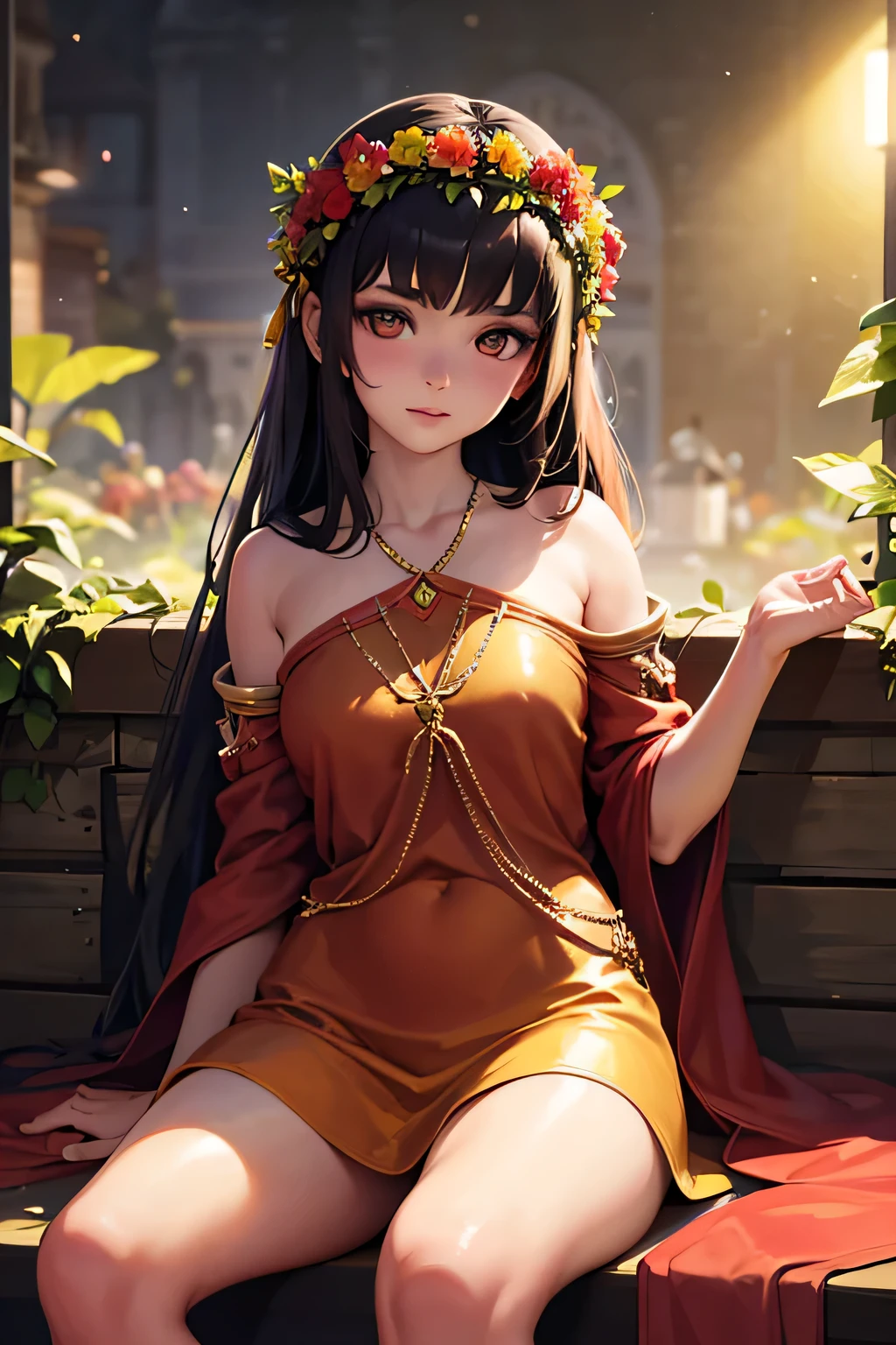 most beautiful in the world, fair,  girl, wearing nothing, reddish skin, golden hue aura, sitting, with beautiful flower garland, photo realistic, 8k ultra defination, surrounded by flowers, bokeh, animated lighting, sexy hot scenes 