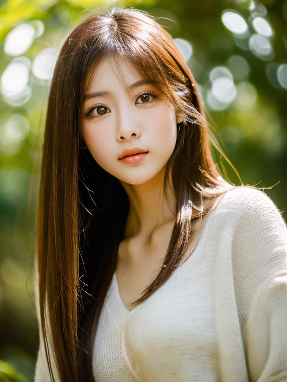 an ultra hot girl from NetherlAds, long (waist length hair :1.2) Combed chestnut hair, ((macro lens)), bright atmosphere, ((concentrated on the eyes)), Women's expressions, The image looks straight into the camera, sexy alluring , Brown eyes, photography