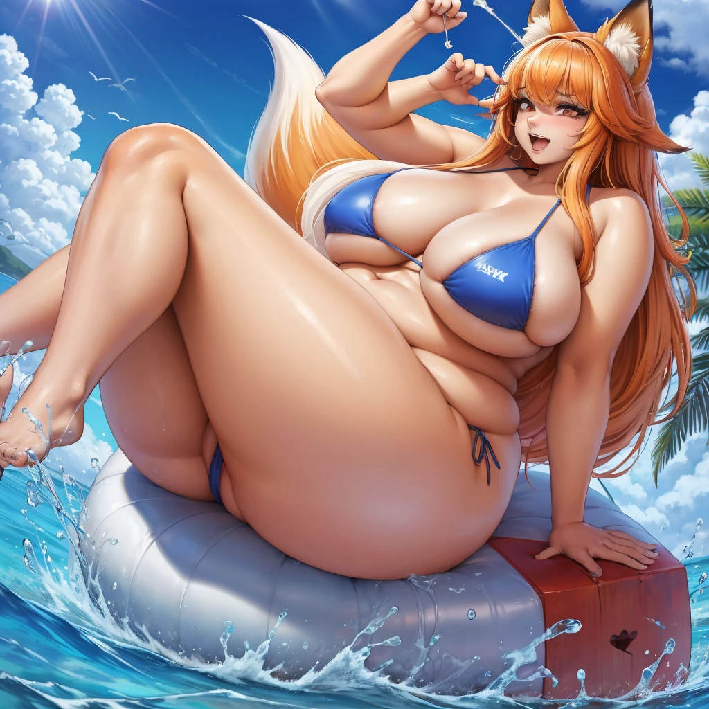 A young fox woman in a bikini found being force fed to obesity, massive bloated overstuffed belly, massive bulging fat heavy breasts, she’s embarrassed how fast she got so fat, she’s strangely enjoying her fatter body,