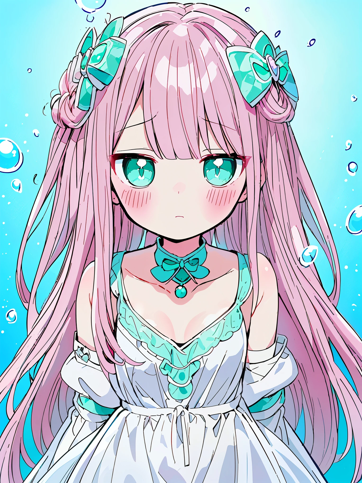 (((pearl pink hair,emerald pupils,green eyes))),((beautiful and detailed)),(blushing), (geometric:1.1),(((under the water,in the ocean,bubbles))), ((1girl,amazing,adorable girl,solo,arms down)),(Masterpiece,Best quality, offcial art,fractal art, Beautiful and aesthetic:1.2),(4k,HD,HRS),((small breasts)),(Physically-based rendering),Sharp focus, (((highdetailskin,The details are complex、Shallow depth of field、movie lighting、Reflectors、a Canon EOS R5、50mm lens、f / 2.8、shot at 8k resolution))),simple cloths,correct pupils,((((shiny hair|detailed hair|half bangs|long hair)))),(masterpiece sidelighting),(The sheen),(beautiful hair,beautiful background,bokeh:55mm)),((extremely_Detailed_Eyes_and_face)),Movie girl,(Dynamic posture: 1.2),Brilliant