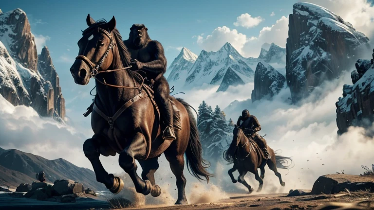 Imagine a breathtaking scene set against a backdrop of rugged mountains and sprawling valleys. In this ultra-realistic portrayal, powerful apes are depicted riding majestic horses, their fur blowing in the wind as they lead their army across the landscape, driven by an unwavering determination to conquer the world. Each detail, from the muscles rippling beneath the apes' fur to the determination etched into their faces, captures the intensity and grandeur of their quest for dominance.